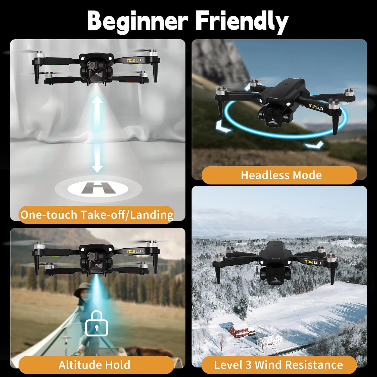 Toladrone TD12LCD Drone Pieghevole con Fotocamera 1080P, Quadricottero RC con Trasmissione immagini schermo LCD, Modalità senza testa, Regolazione elettrica 90°, Drone per Adulti e Principianti