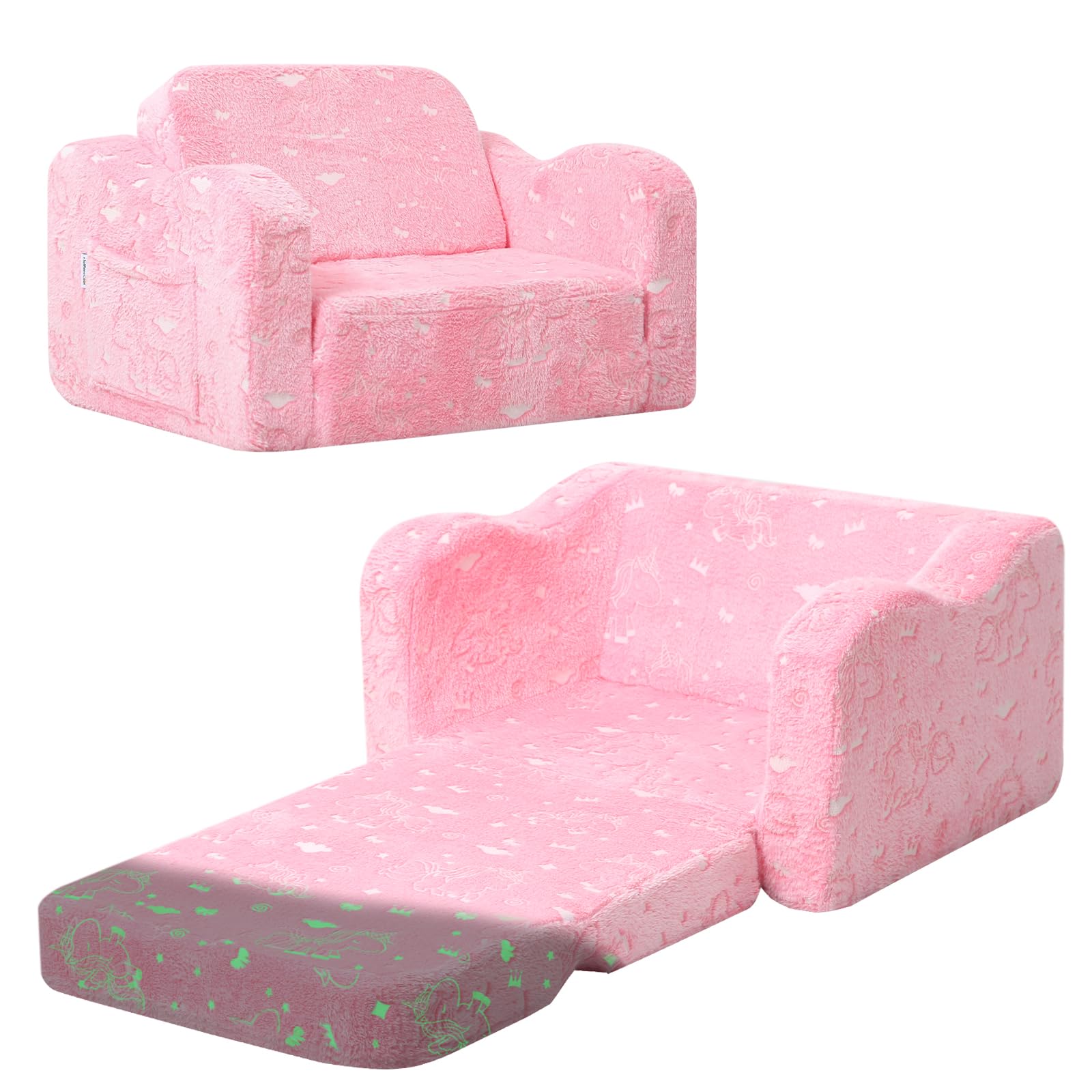 MeMoreCool Glowing Unicorn Kids Chair, 2-in-1 Glow in the Dark Kids Couch Fold Out to Lounger, Comfy Kids Couch for Ages 1-3, Soft Foam Kids Sofa with