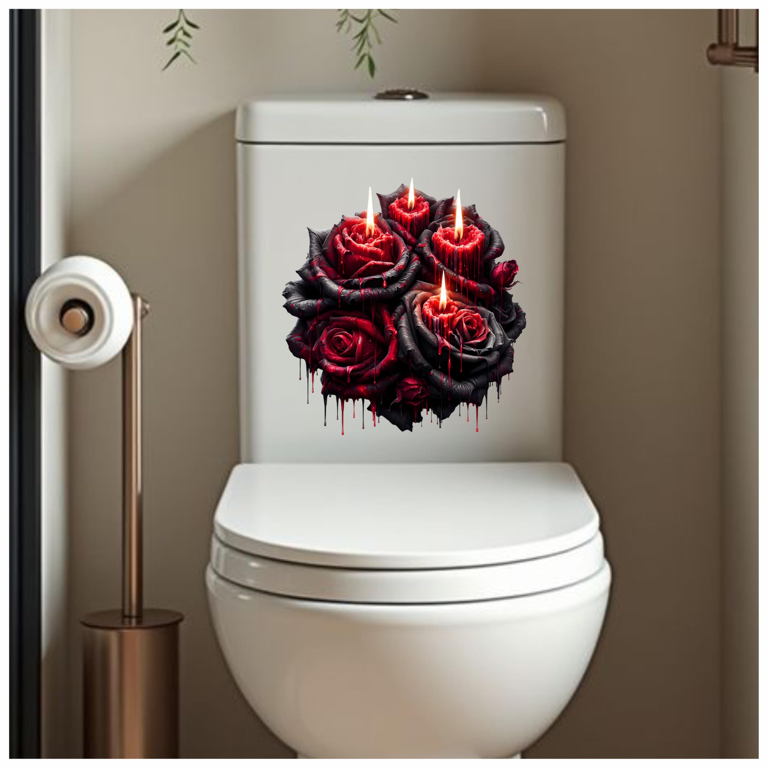 Red Rose Candle Toilet Seat Lid Decals, Non Transparent, Cover Marks, No Unsightly Film, No White Edges, 21cm Tall, Weatherproof, Multi Purpose Gothic Flower Vinyl Stickers