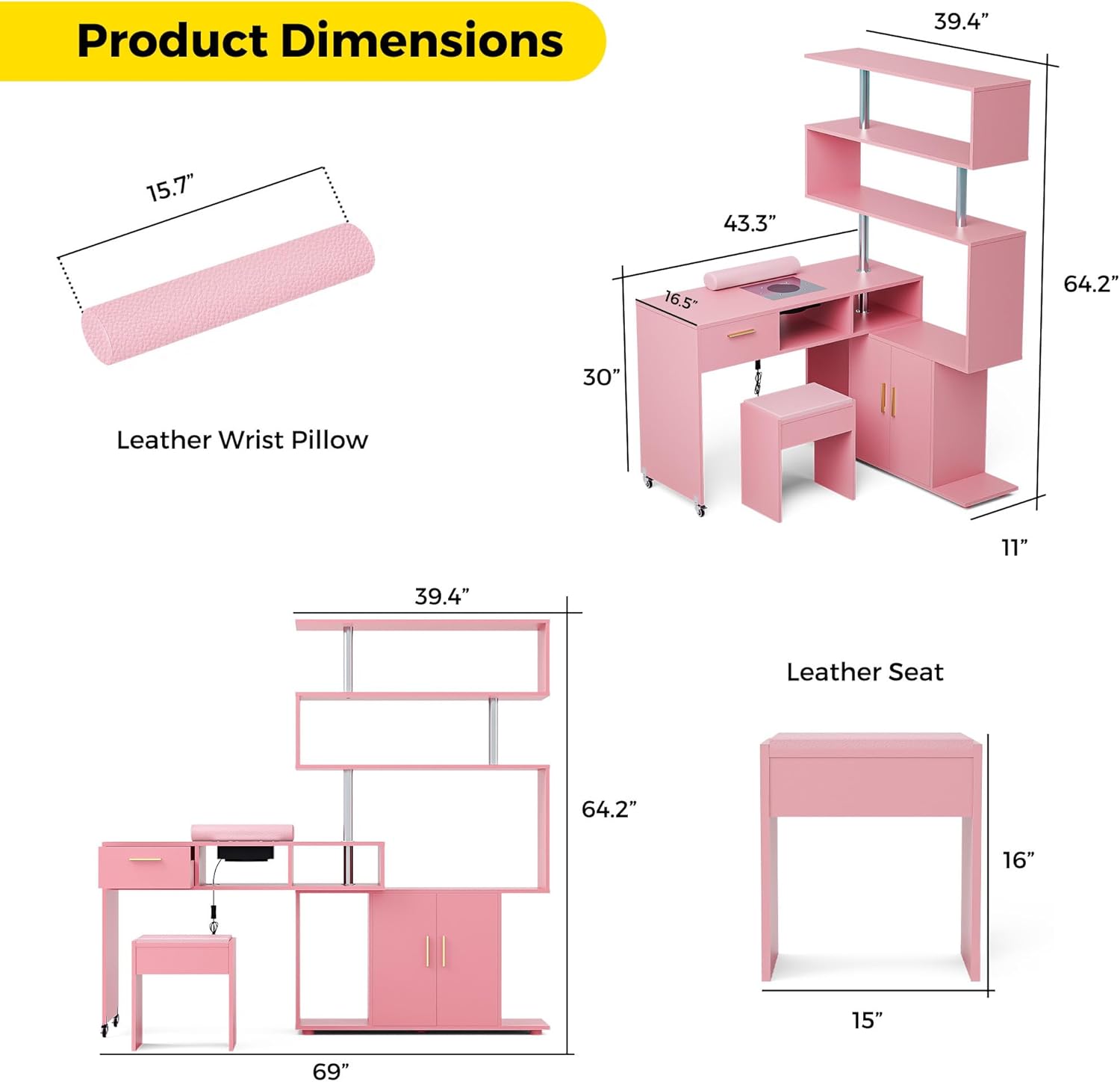 Manicure Table Nail Desk with Stool, L-Shaped Nail Tech Desk with Dust Collector, Two-Way Drawer, Cabinet & Storage Shelves, Rotating Reversible Manicure Workstation on Wheels (Pink)