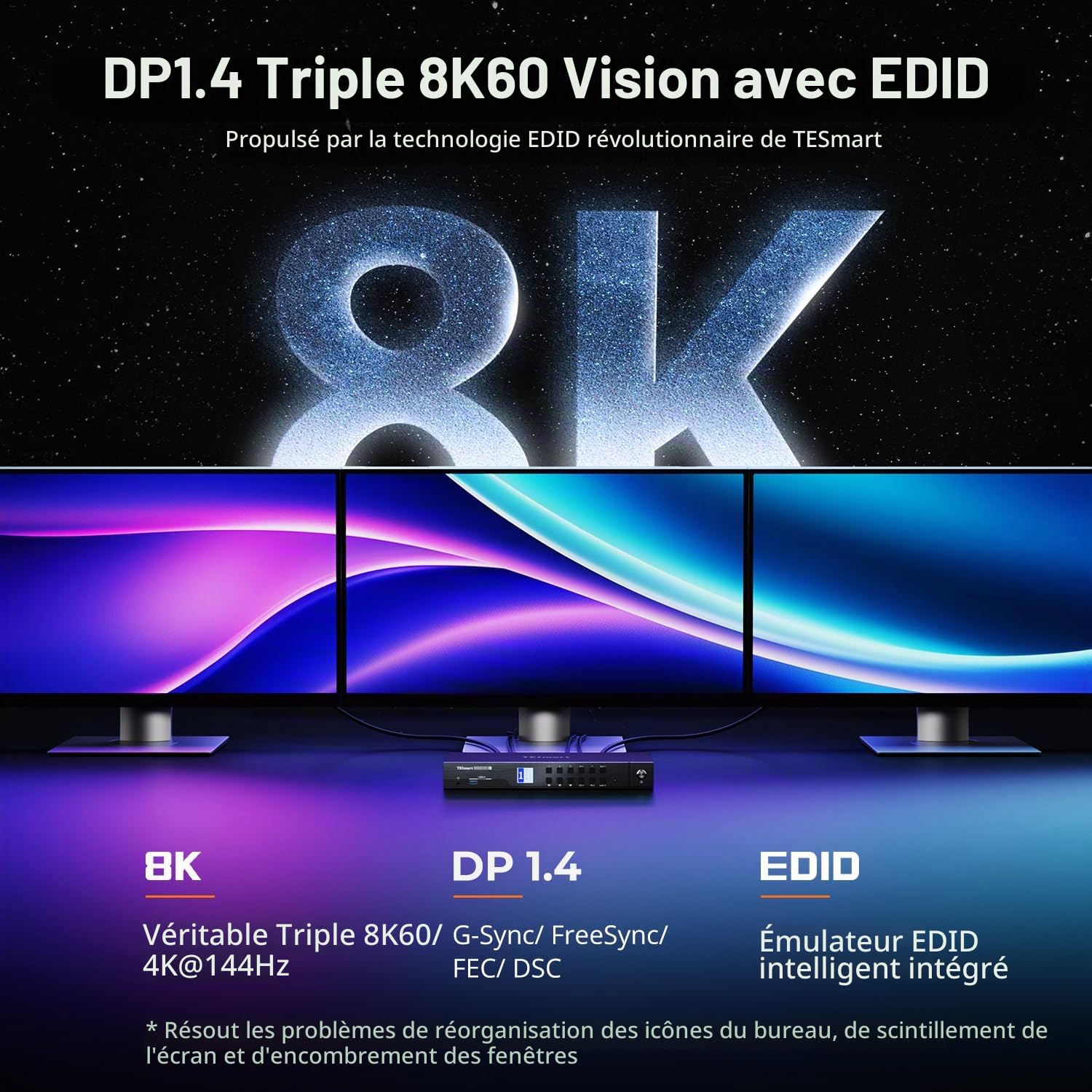 TESmart Commutateur KVM DisplayPort 8K@60Hz 4 PC 3 écrans, KVM double écran USB 3.2 Gen1 avec réseau Gigabit, 4K@144Hz, émulation EDID, raccourcis personnalisables, Câbles d’entrée inclus