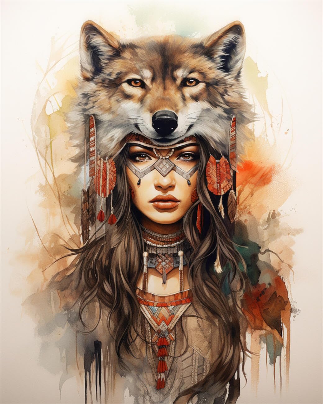 RKFLGEW Animal 14CT Printed Cross Stitch Kits Indians and Wolves Cross Stitch Kits Embroidery Starter Set for Beginners DIY Home Decoration 40x50cm