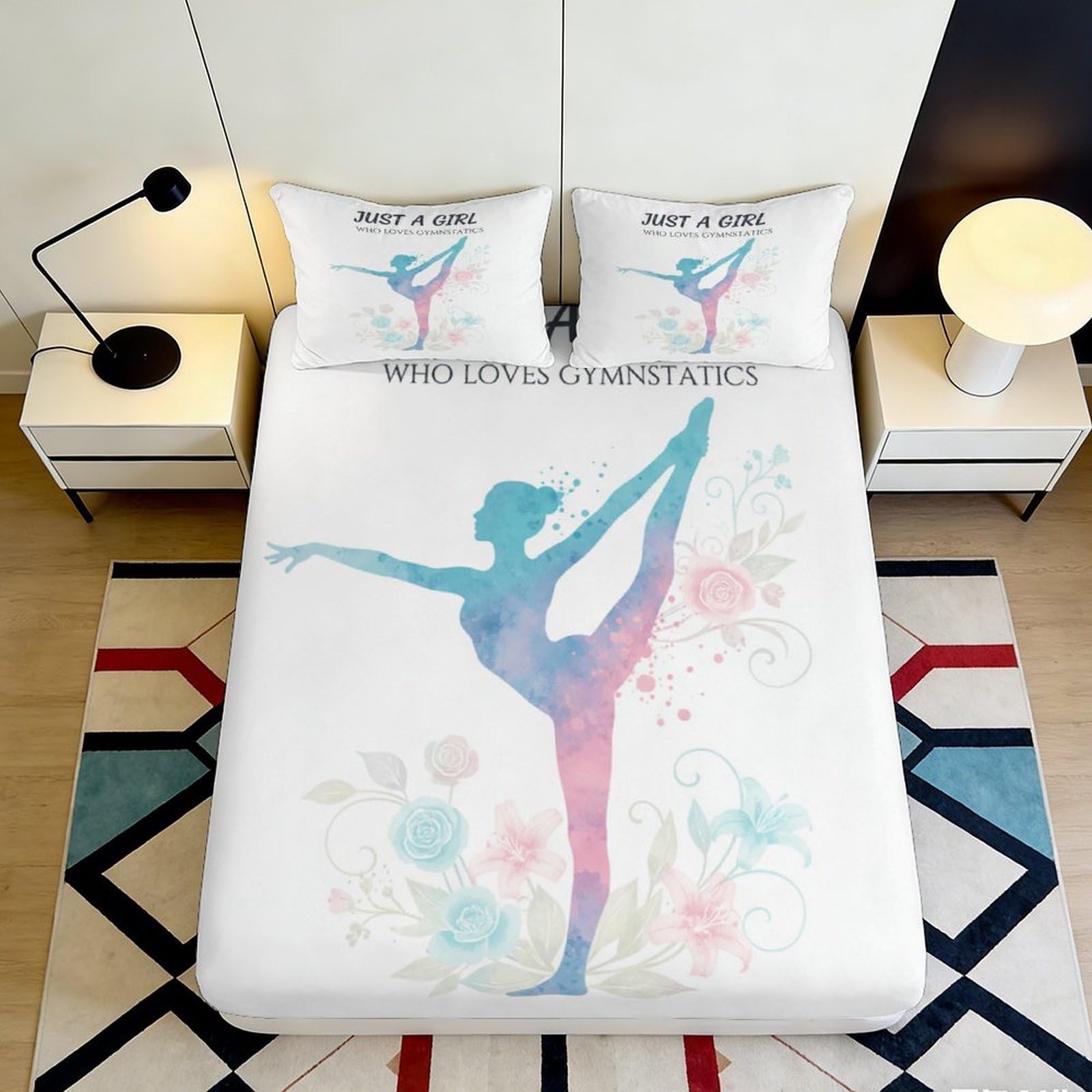 3D Printed Gymnastics Silhouette Fitted Sheet Microfiber Soft Floral Mattress Cover for Bedroom Dorm Mattress Protection Decor, Easy Care 90x200x25cm