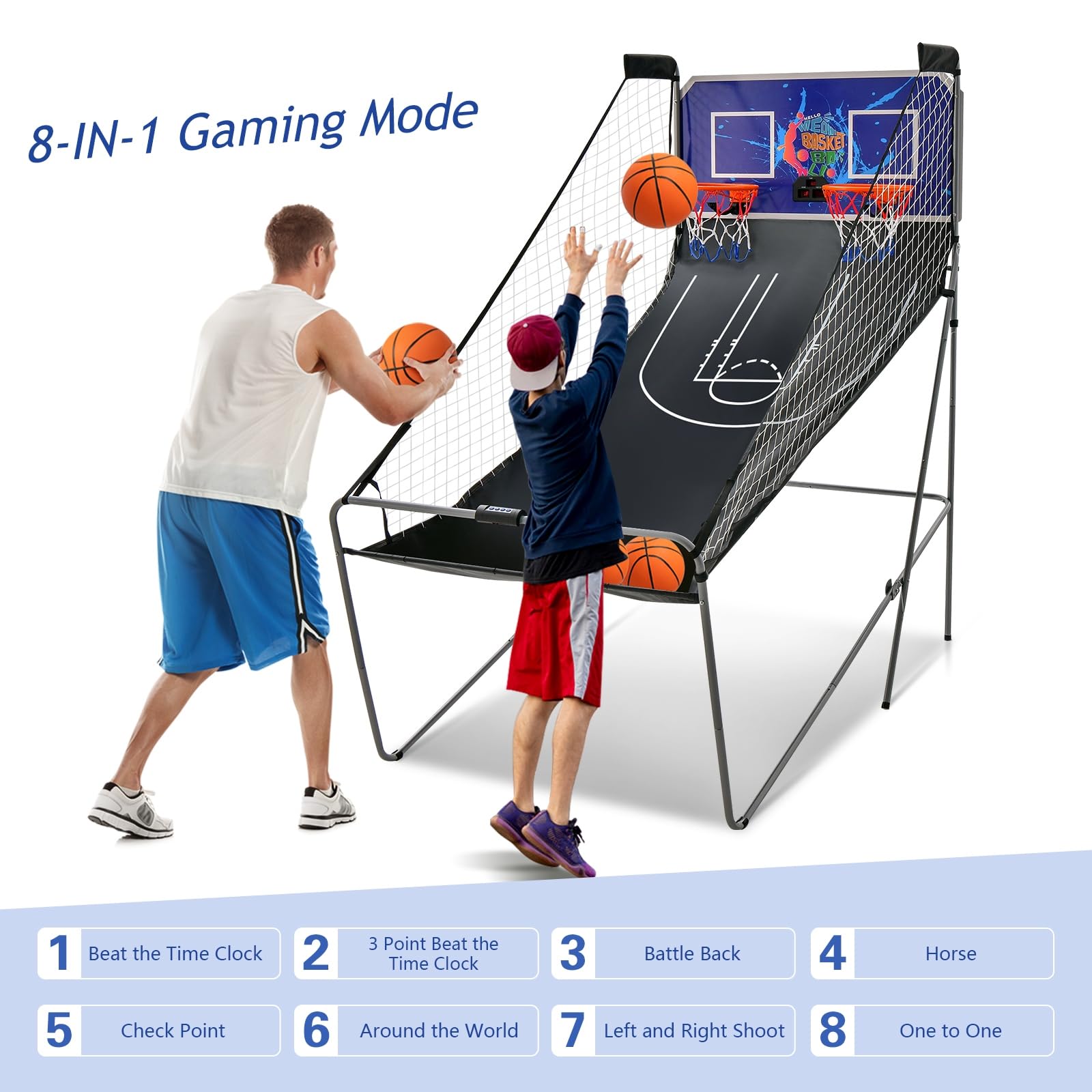 LIFEZEAL Basketball-Arcade-Spiel, Faltbar Basketballautomat für 2 Personen, Elektronische Basketballwurfmaschine mit 2 Basketballkörbe, 8 Spielmodi & Zähler, 4 Bälle, 1 Pumpe