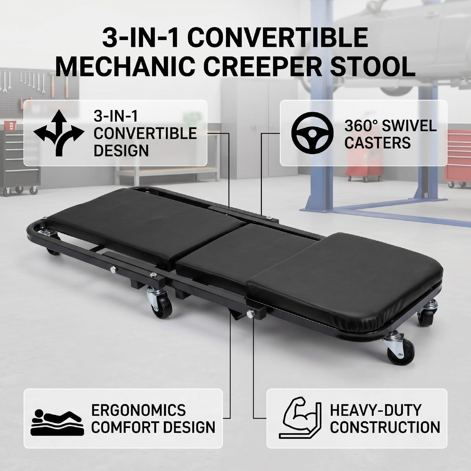 KIMISS Enredadera con Ruedas para Debajo del Automóvil Silla de Garaje con Ruedas Enredadera Mecánica Asiento 3 en 1 Plegable de Perfil bajo 6 Giratorias Respaldo del (Black)