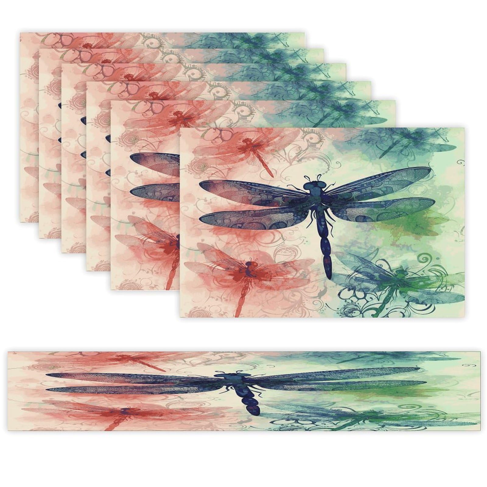 Modern Dragonfly Table Runner and Placemats Set of 6 for Kitchen Washable Table Mats Heat Resistant Place Mats Non-Slip Place Mat Wipeable Placemat(6 Placemats+1 Table Runner)