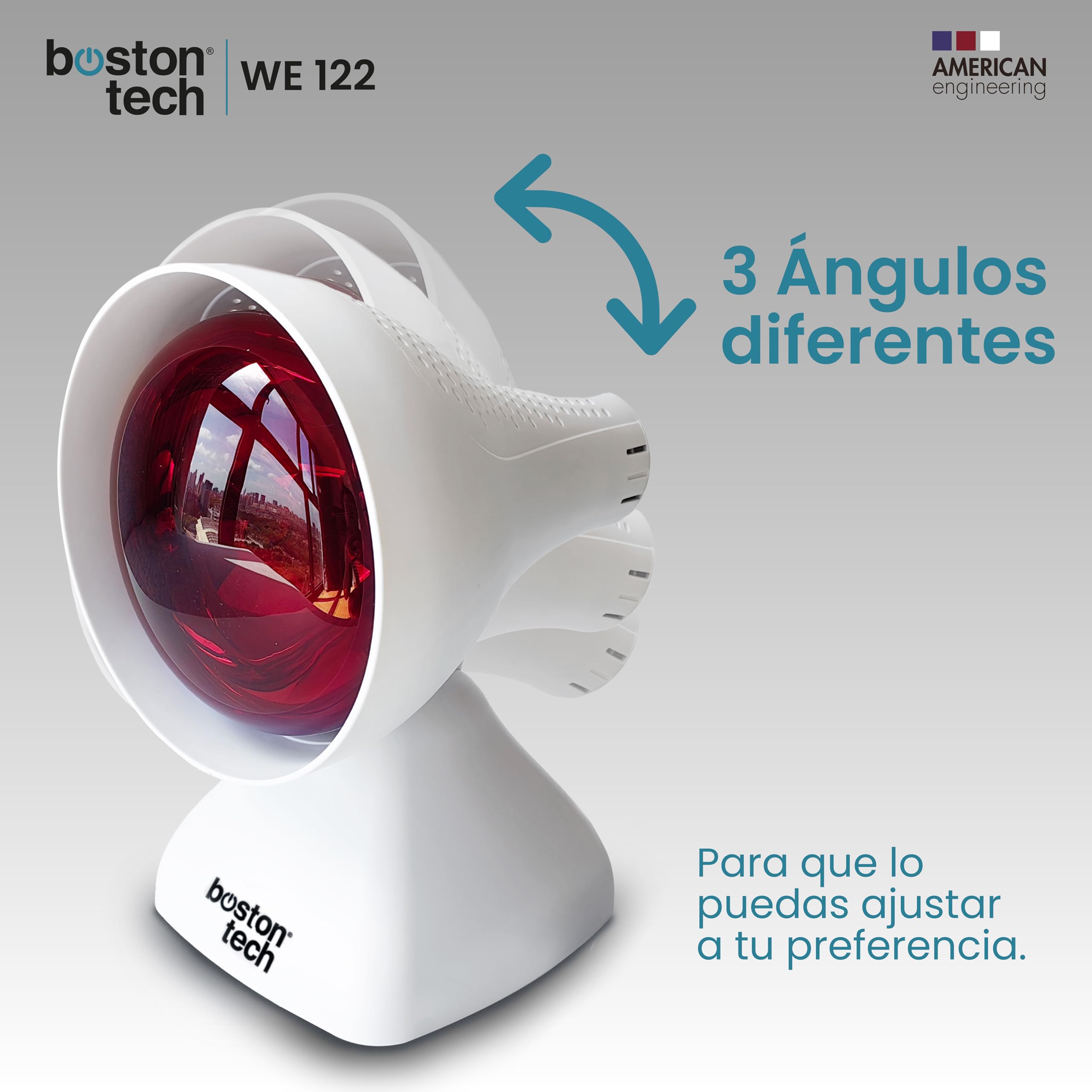 Boston Tech WE122 Lámpara de infrarrojos sobremesa fisioterapia dispositivo Termico potencia 200W alivio dolores y tensiones musculares 3 niveles de inclinación Temporizador y proteccion ocular.
