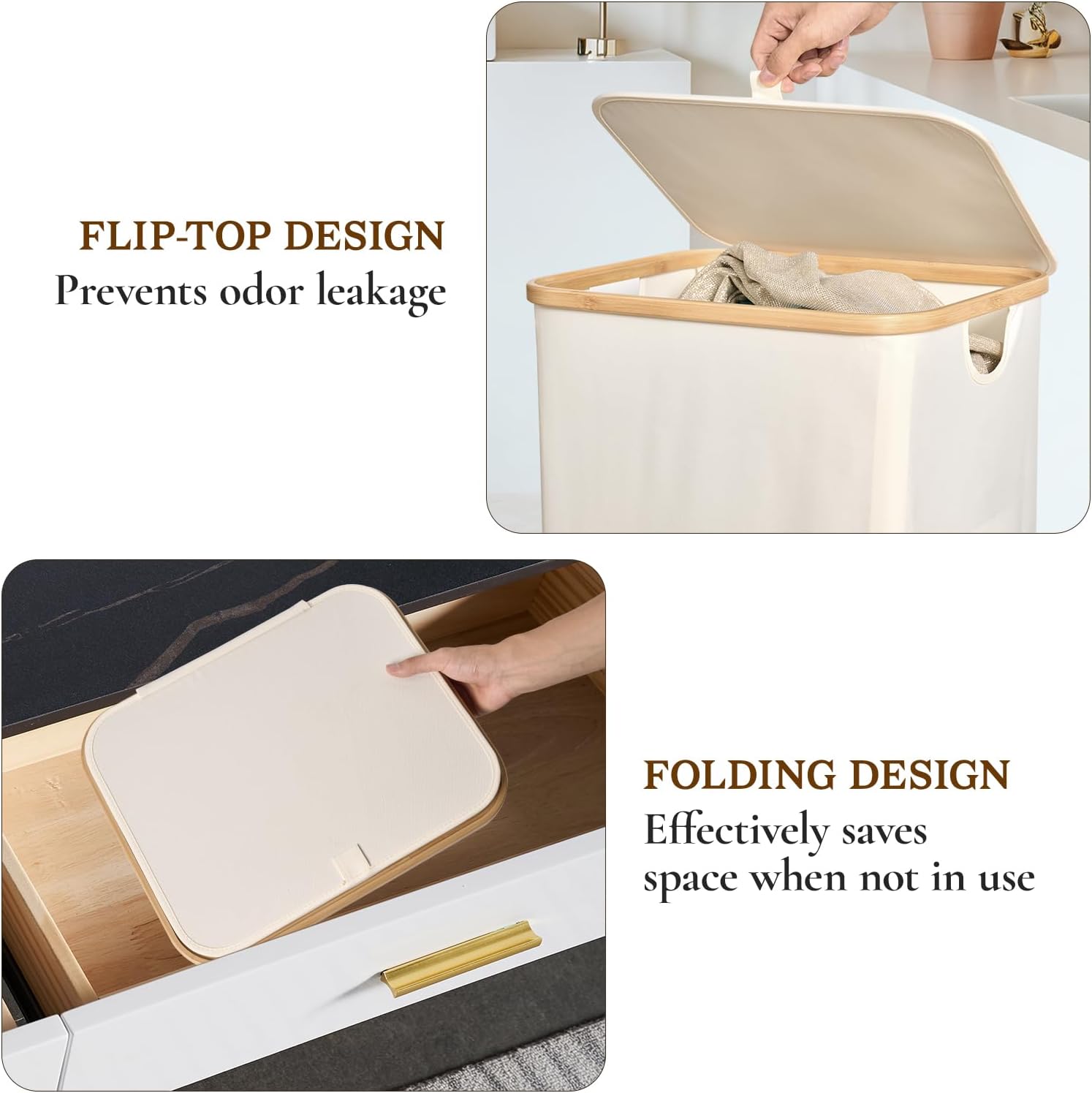 Laundry Basket with Lid, 75L Slim Laundry Hamper with Removable Bag, Travel Dirty Clothes Basket with Bamboo Handles for Bathroom, Bedroom & Laundry Room, Beige