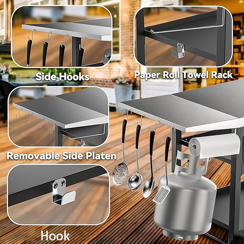 Tavolo da Pranzo da Esterno Portatile da 80Cm su Ruote Carrello per Barbecue in Acciaio Inossidabile A Tre Ripiani Tavoli Multifunzionali Preparazione dei Cibi,Argento