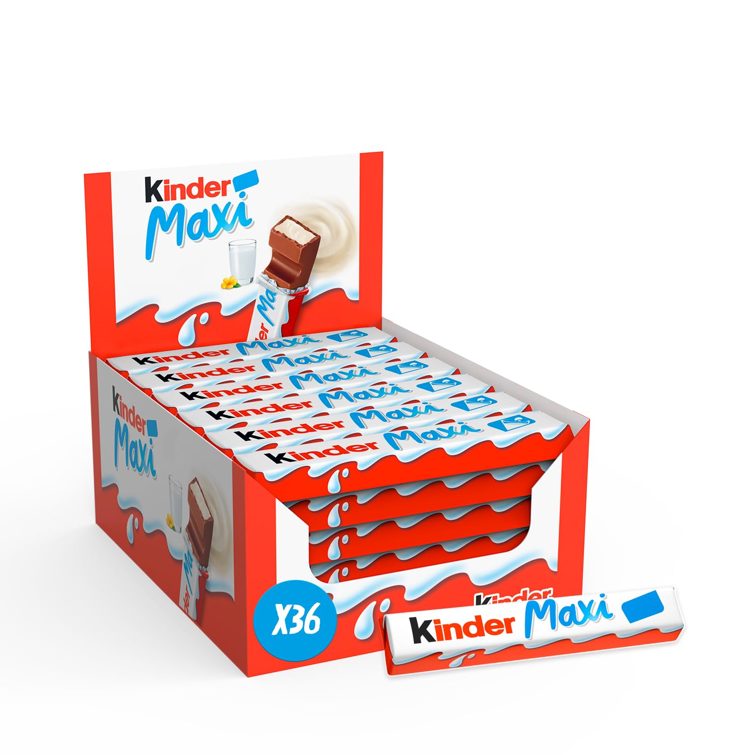 Kinder Maxi – batonik czekoladowy z sercem z mlekiem z masy cukrowej powleczonej czekoladą Kinder – smak masy cukrowej i smakoszy – format rodzinny – 36 batoników