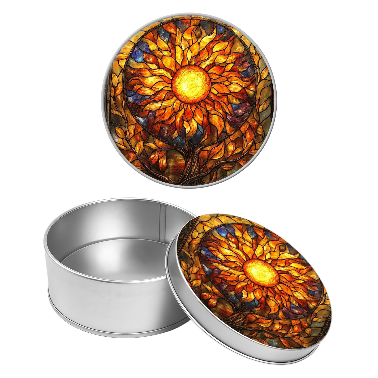 Round Metal Tin Container with Removable Lid, Glass Sun Flower Durable Metal Storage Box for Crafts Snacks Candies Office Supplies Small Items 3.54 x 1.38 inch– Single Pack