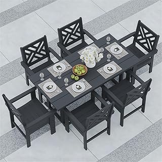 7-Piece Outdoor Dining Set, HDPE All-Weather Patio Table and Chairs Set for 6, Outdoor Patio Furniture Sets with Umbrella Hole for Outside, Deck, Backyard, Garden (Black)