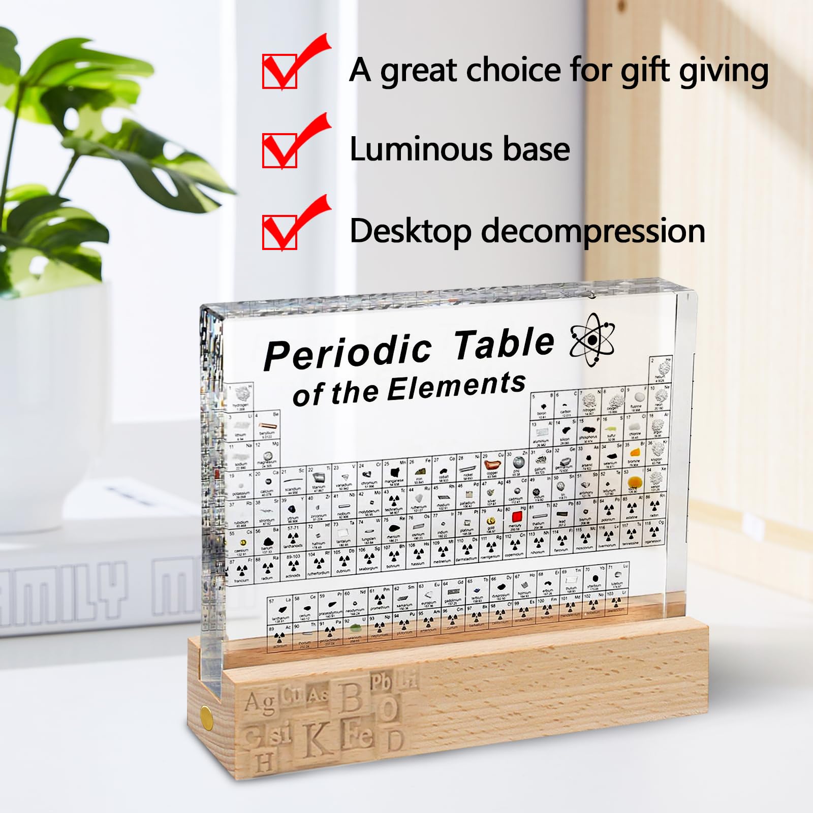 Tavola Periodica, Tavola Periodica Con Elementi Reali All'interno, con 83 Elementi Reali All'Interno, Display Della Tavola Periodica con Base di Luci a 7 Colorate LED,Strumento Didattico Elementi