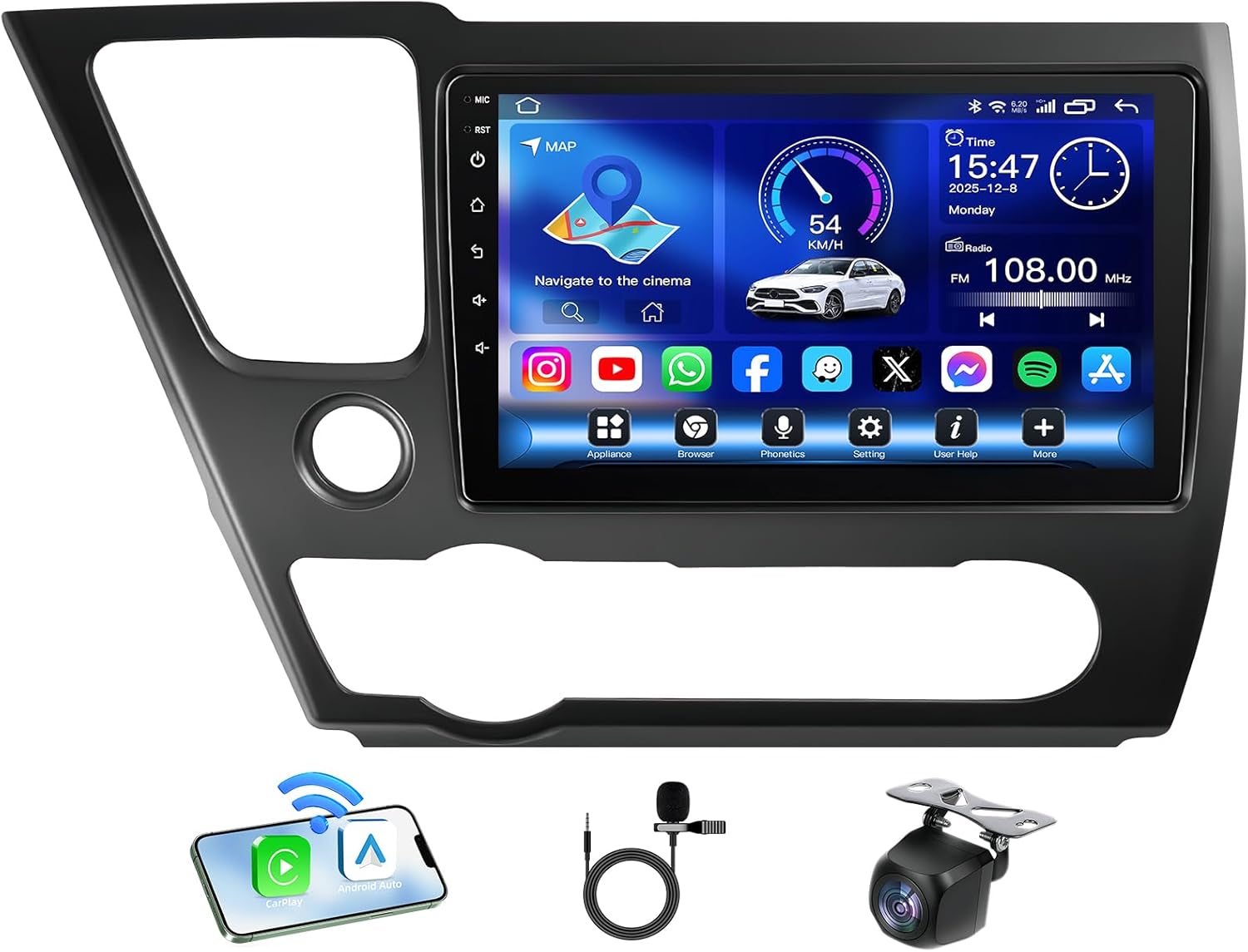 [2G+64G] Android 13 Car Radio for Honda Civic 2013-2015, 9” IPS Touchscreen Stereo Support Wireless Carplay Android Auto, Bluetooth GPS FM Radio, Free Back-up Camera (Only US Version)