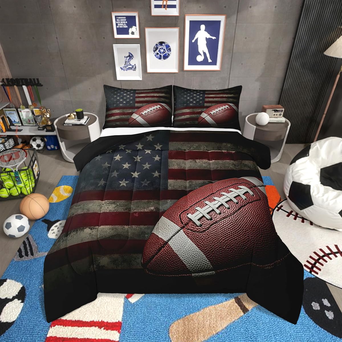 Erosebridal American Flag Bedding Set, Boys Football Comforter Set Twin Soccer Sports Games Down Comforter United States Federations Stars Stripes