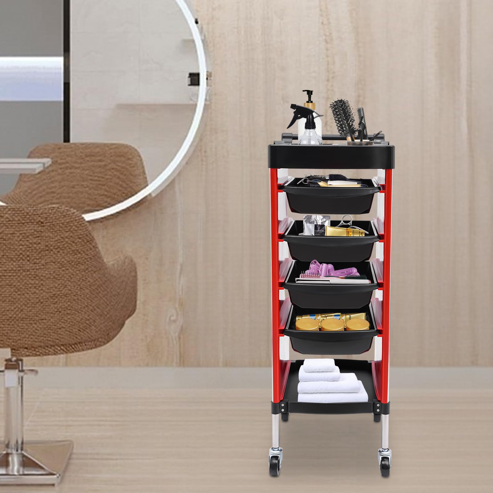 6 Etagen Friseurwagen mit 4 Schubladen und Räder, Bedienungswagen, Friseur Arbeitswagen Drehbar, Beauty Salon Trolley, Friseur Zubehör, Einziehbare Ablagen, 36 x 37 x 85cm (Rot)