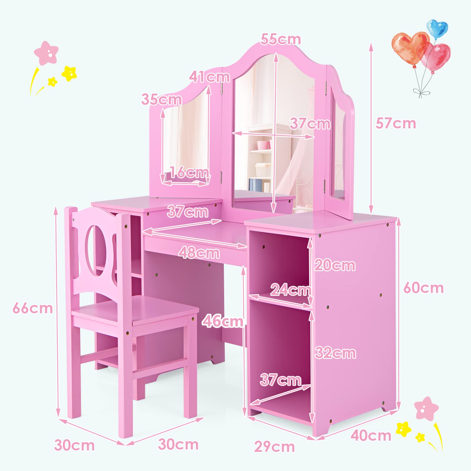 Kids Vanity Table Set With Magic Mirror - Princess Dress Up Makeup Toy With Lights & Music