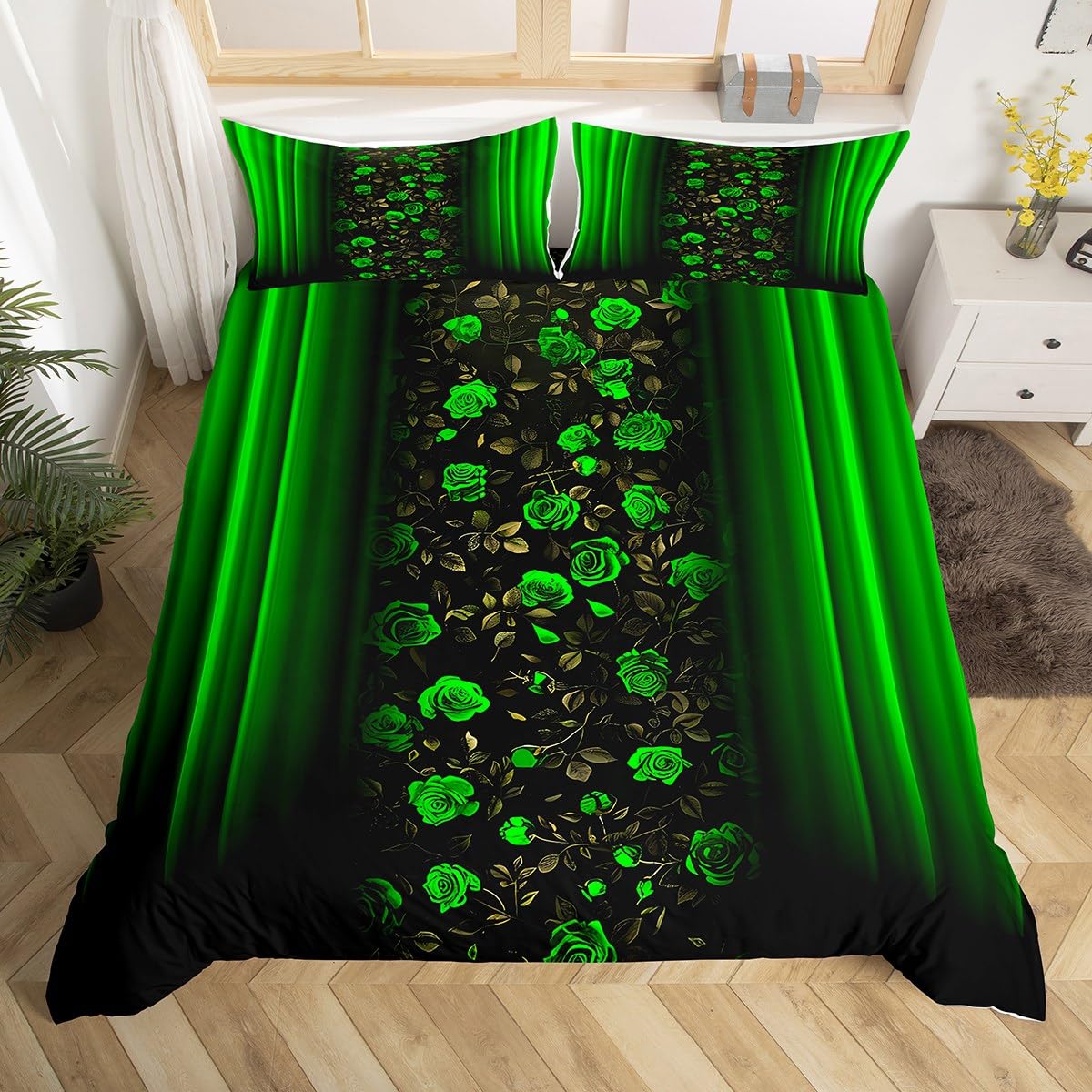 Homemissing Floral Bedding Set Ombre Green Rose Teens Duvet Cover Set for Kids Boys Girls Green Rose Flower Decor Comforter Cover Romantic Modern Quilt Cover 3Pcs King Size