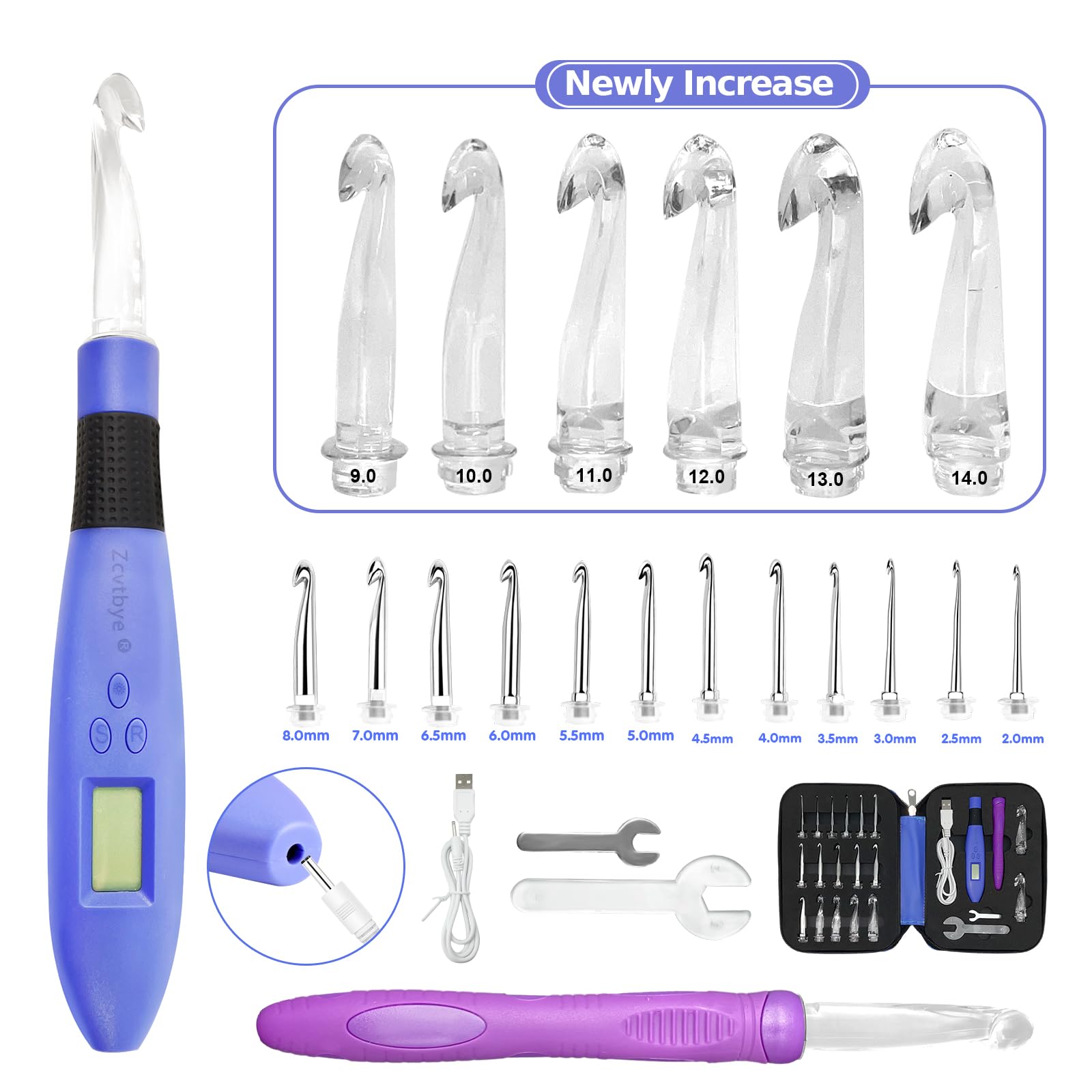 Zcvtbye Juego de agujas de ganchillo digitales, ergonómicas con 18 kits de ganchillo intercambiables, ganchos de ganchillo iluminados con 2 niveles LED, kit de punto para principiantes para contador