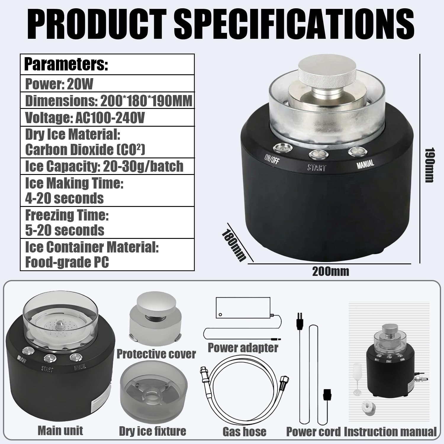 Máquina portátil de Hielo seco, generador de Hielo seco de 20 W, Enfriador de Vidrio, Manual/automático, Control por Botones, fabricación rápida de Hielo en 10 Segundos.