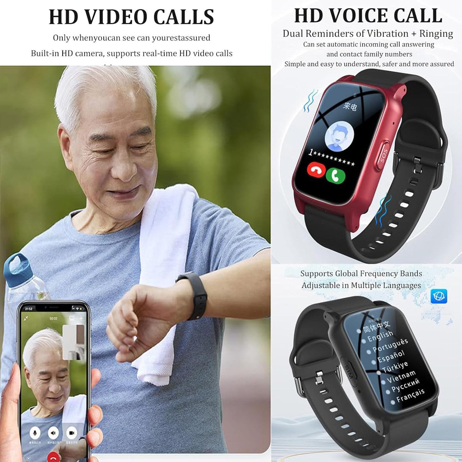 Smartwatch con rilevamento delle cadute, GPS 4G, pulsante SOS, telefono HD, monitoraggio della salute, risposta automatica, promemoria di caduta per anziani