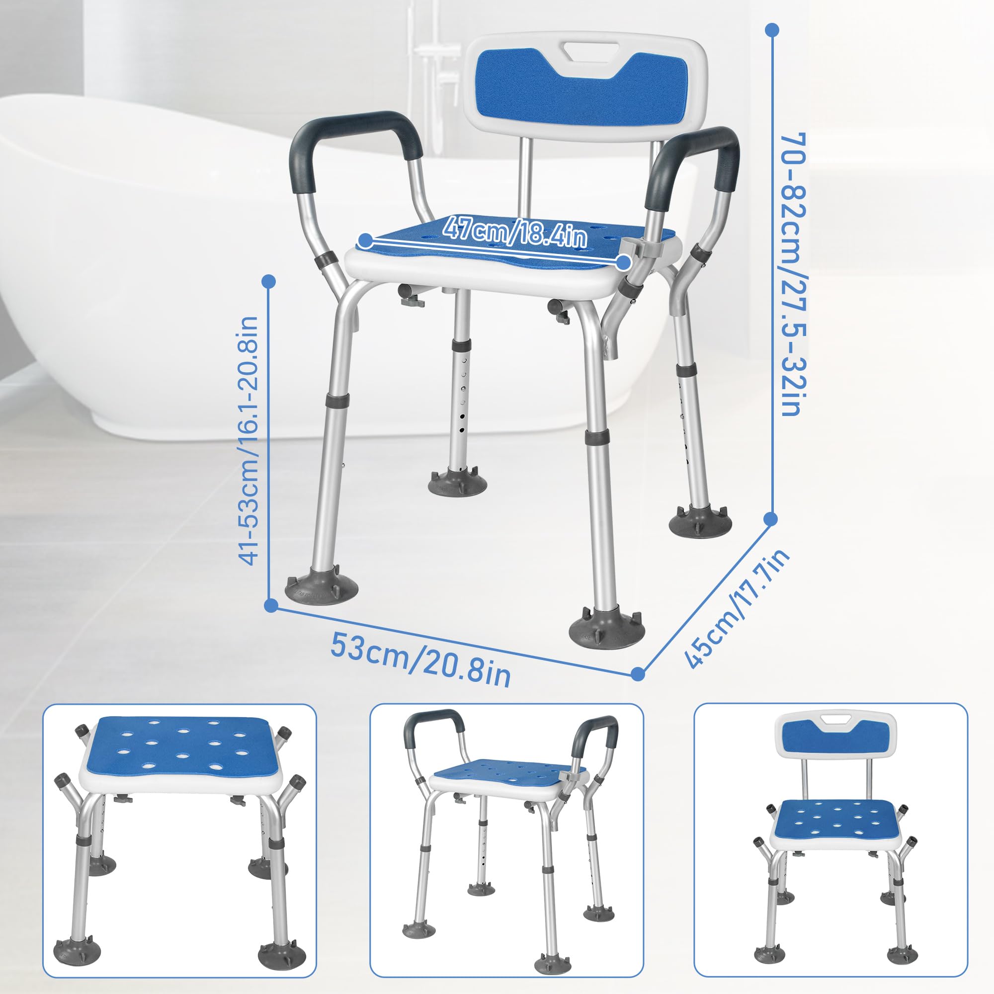Duschstuhl für Senioren mit Abnehmbarem Griff und Rückenlehne, Höhenverstellbar, Rutschfester Duschhocker aus Aluminium, Belastbar bis 136 kg, Geeignet für Senioren, Verletzte und Schwangere