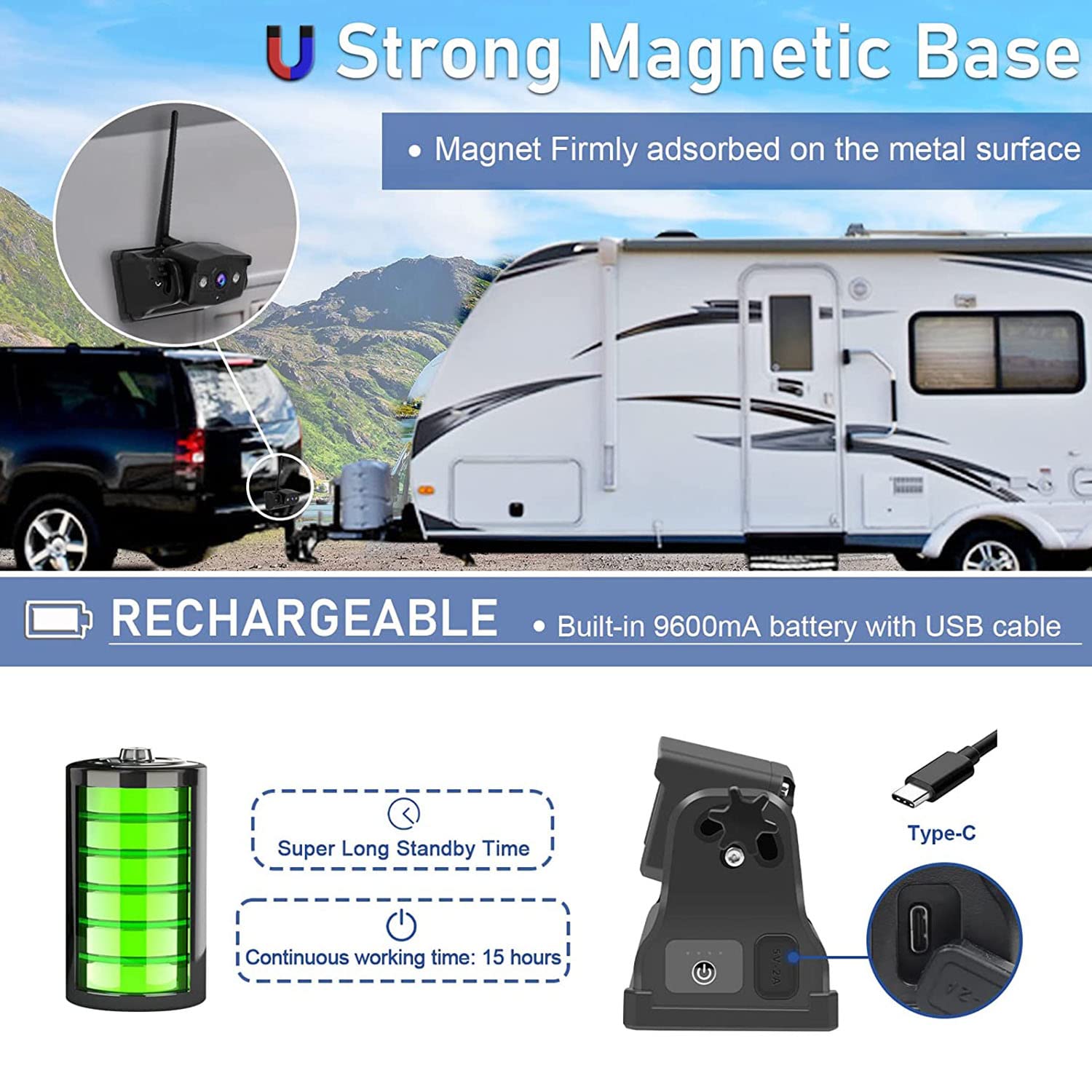 Cámara trasera inalámbrica, cámara frontal WiFi recargable para remolque/quinta ruedas/caravanas