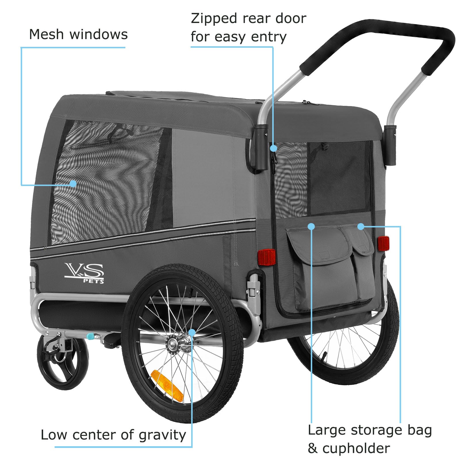 Tiggo VS Pets Large Hundeanhänger & Jogger 2-in-1 Hundebuggy, Fahrradanhänger Klappbar,groß ca. 270 Liter Volumen, für Hunde bis 35kg