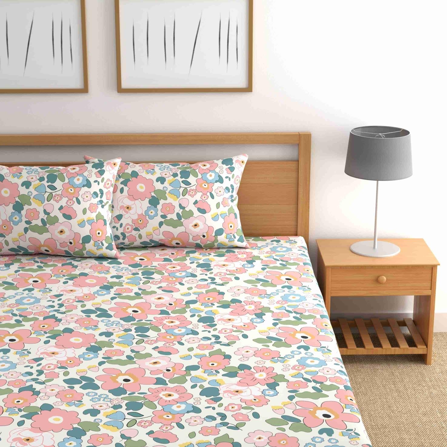 NEW TOWN Cotton Feel Glace Cotton Elastic Fitted Printed King Size Double Bed Bedsheet with 2 Pillow Covers and Fits Upto 8 inches Mattress, Size- 72"x78" Saffro 8916-picture-10