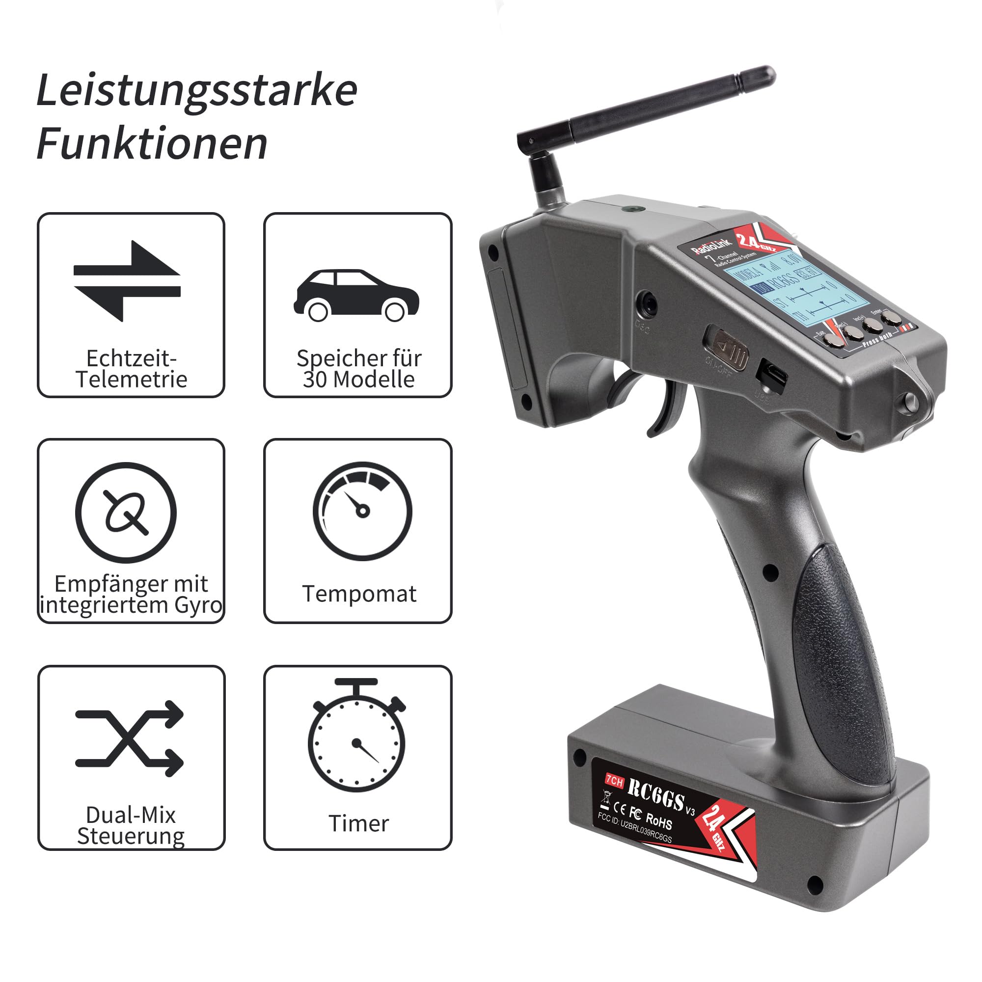 Radiolink RC6GS V3 7 Kanäle 2.4GHz RC Sender mit 2 Stück Empfängern R7FG, Gyro Telemetrie integriert, Dual Mix programmierbar für RC Auto Truck Buggy Crawler RC Boot(Englisches Menü)