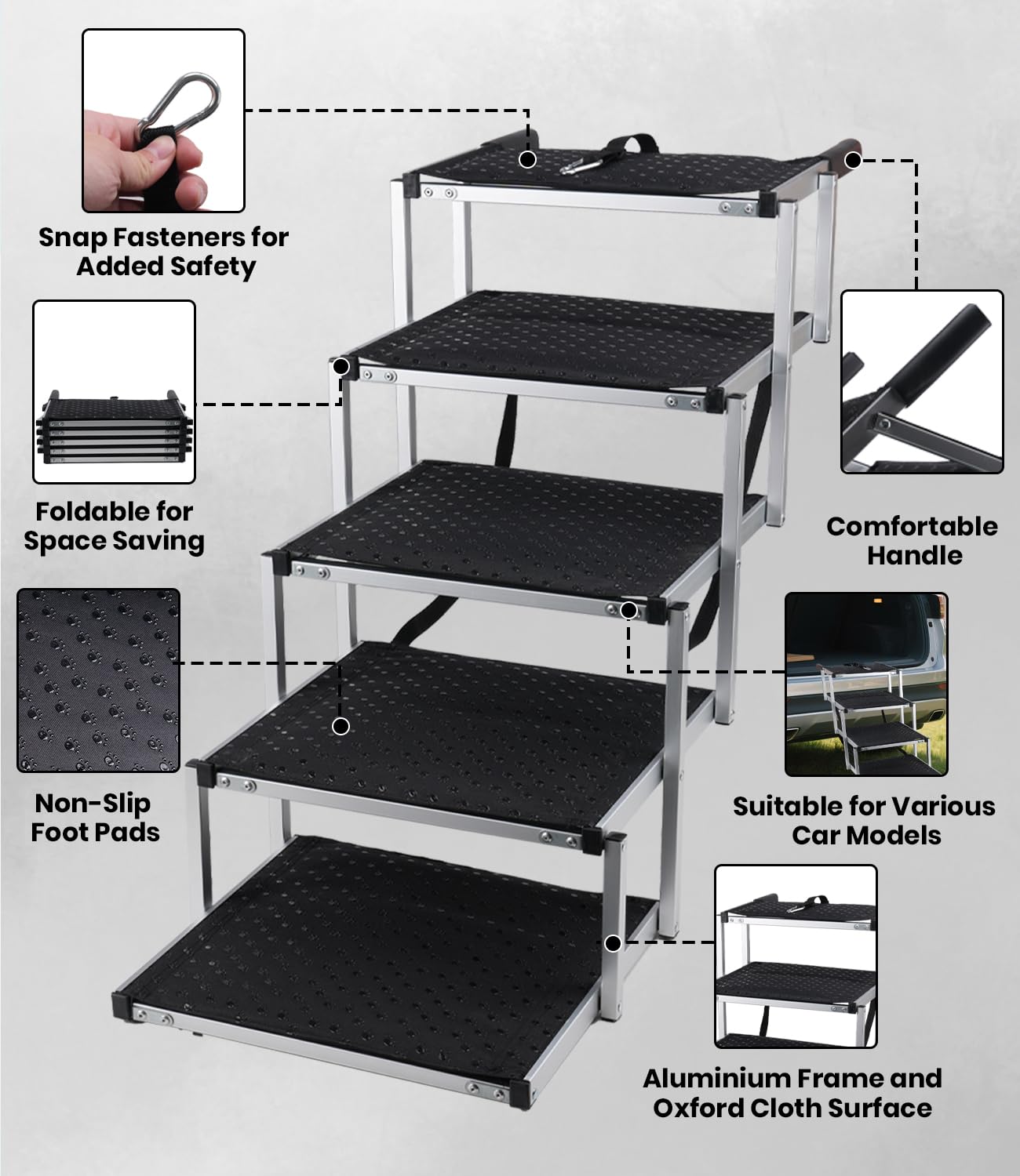 Escalier pour Chien, Rampe pour Chien avec Surface Antidérapante, Jusqu’à 80kg, Escalier Chiens pour Voiture 5 Marches pour Berlines, SUV, Camions