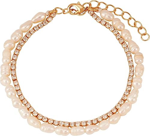 Delicado juego de pulseras de perlas de tenis chapado en oro de 14 quilates pulsera de cadena de tenis bonitas pulseras de perlas cultivadas de agua