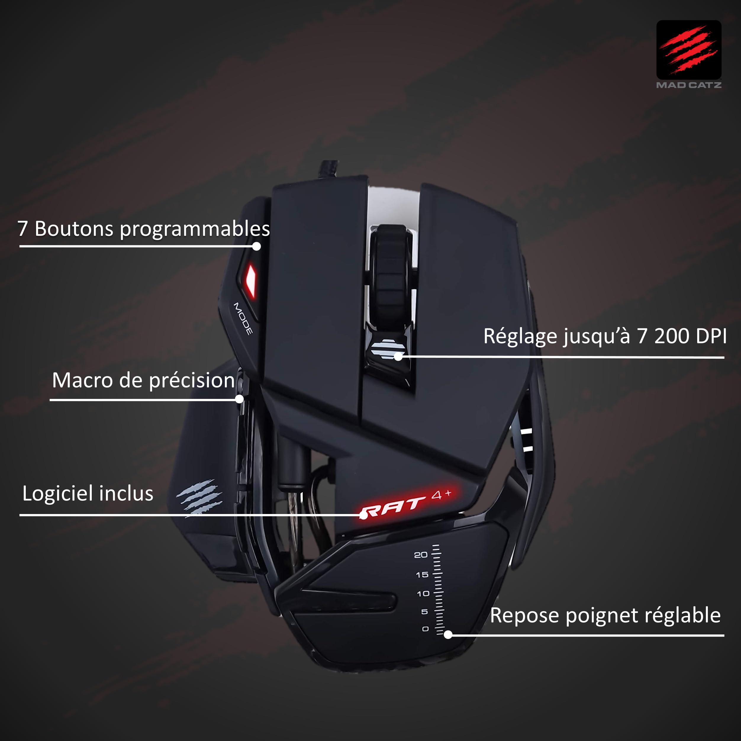 Mad Catz Rat 4+ Souris Gamer Filaire USB - Souris Ergonomique 7 Boutons Programmables - Capteur Optique Pixart PMW3330 7200 DPI - Souris Gaming Pour Pc Noir Avec Led Rouge Et Repose Poignet Reglable