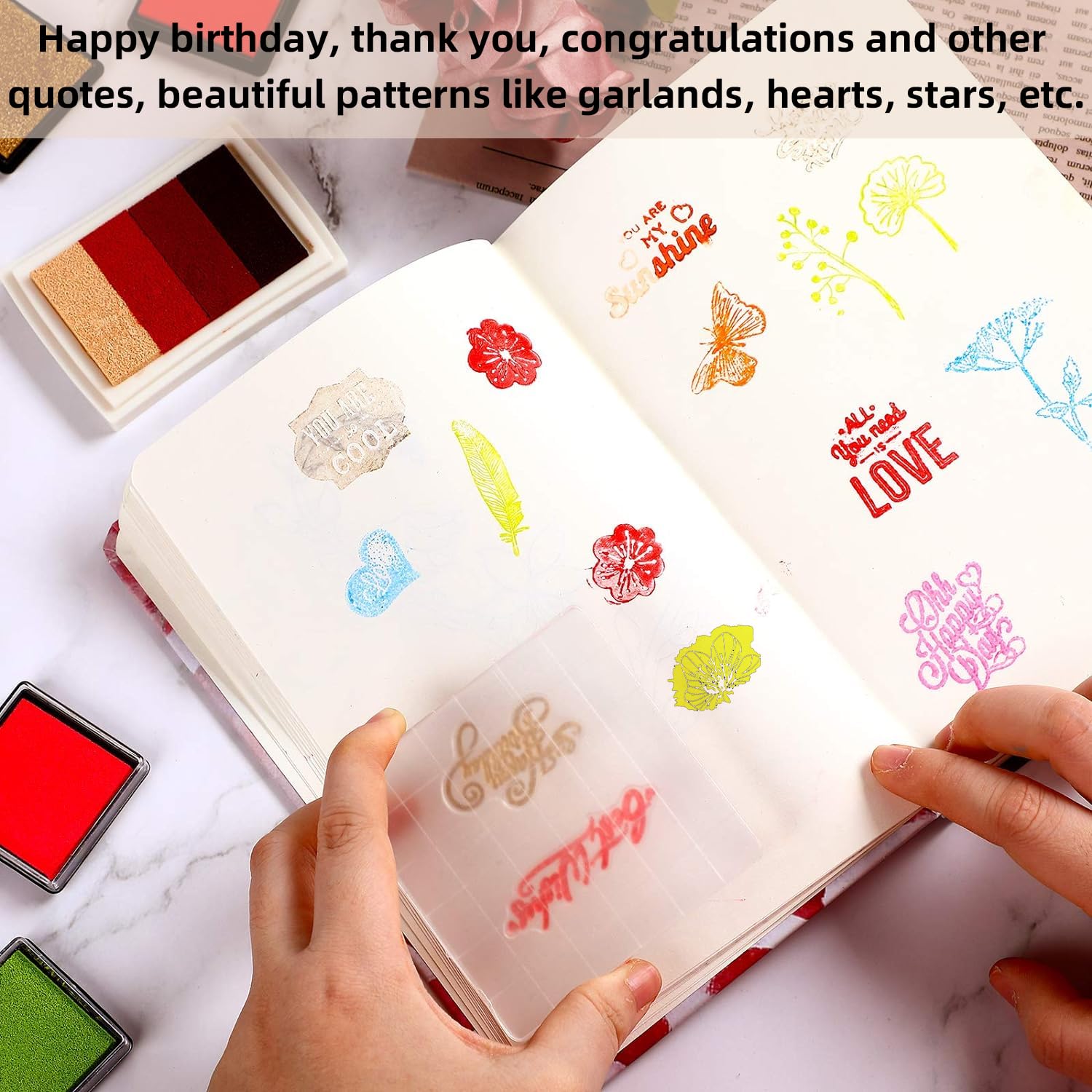 Set di Timbri in Silicone 8 Fogli, Trasparenti Con Blocco Acrilico, 2 Colori Tampone, per Scrapbooking Biglietti d'Inviti Cartolina d'Auguri
