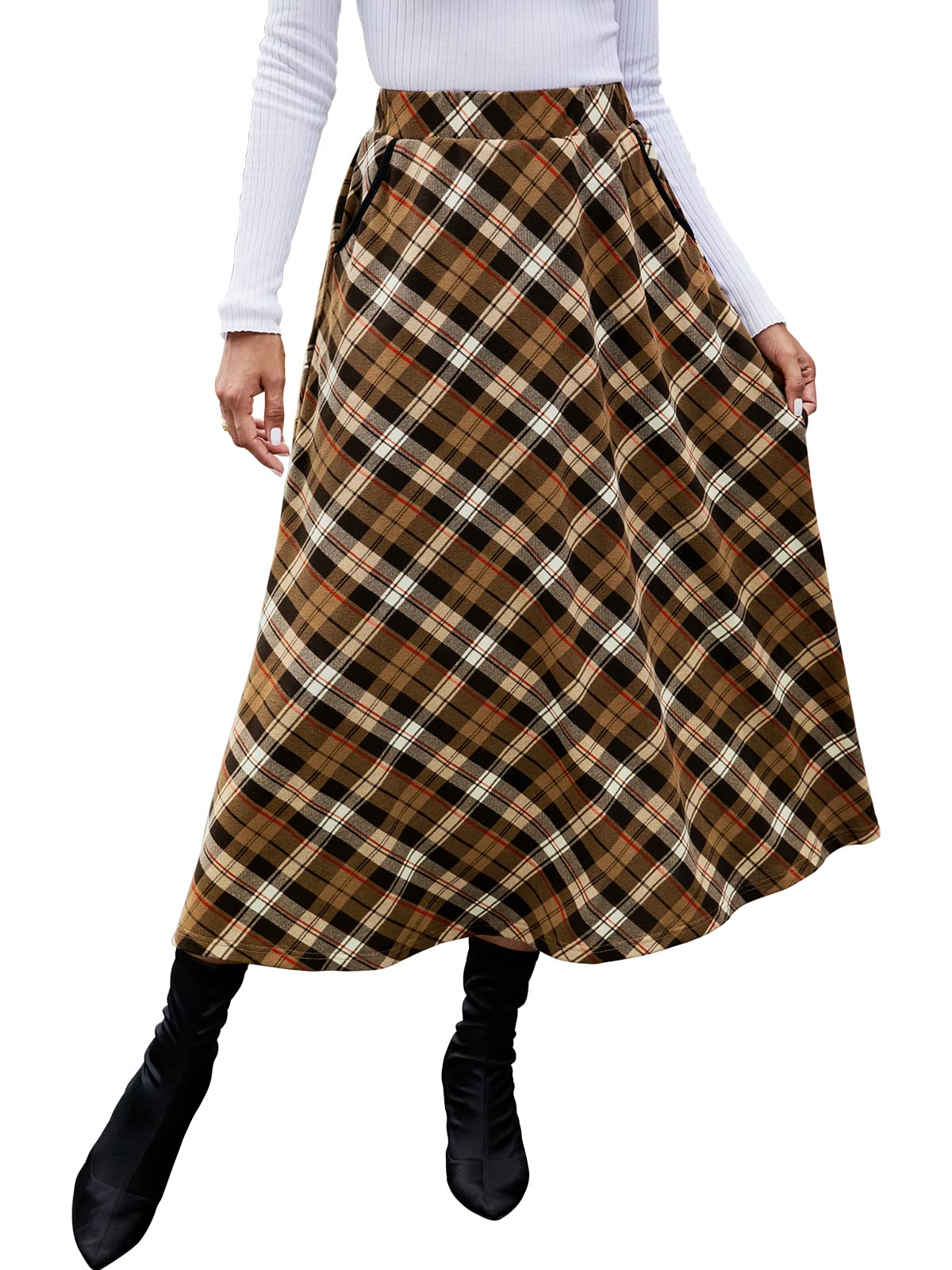 HUSKARY Women’s Plaid Skirt – High Waist A-Line Midi Skirt With Pockets - View #6
