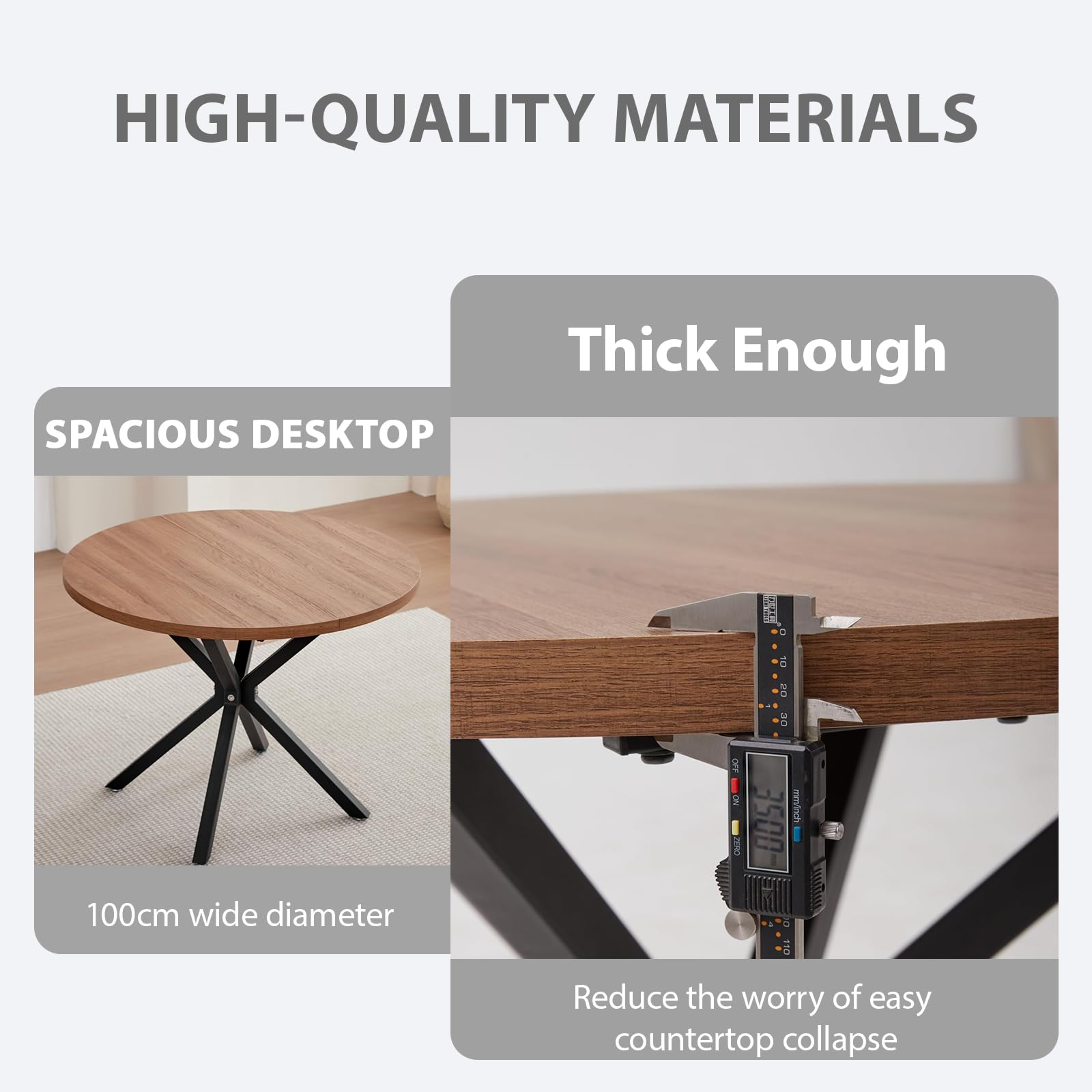 Set Tavolo e Sedie da Pranzo Nordico, Tavolo da Pranzo Rotondo da 100 cm con Venature del Legno Chiaro + Set di 4 Sedie da Pranzo in Lino Kaki con Gambe in Metallo