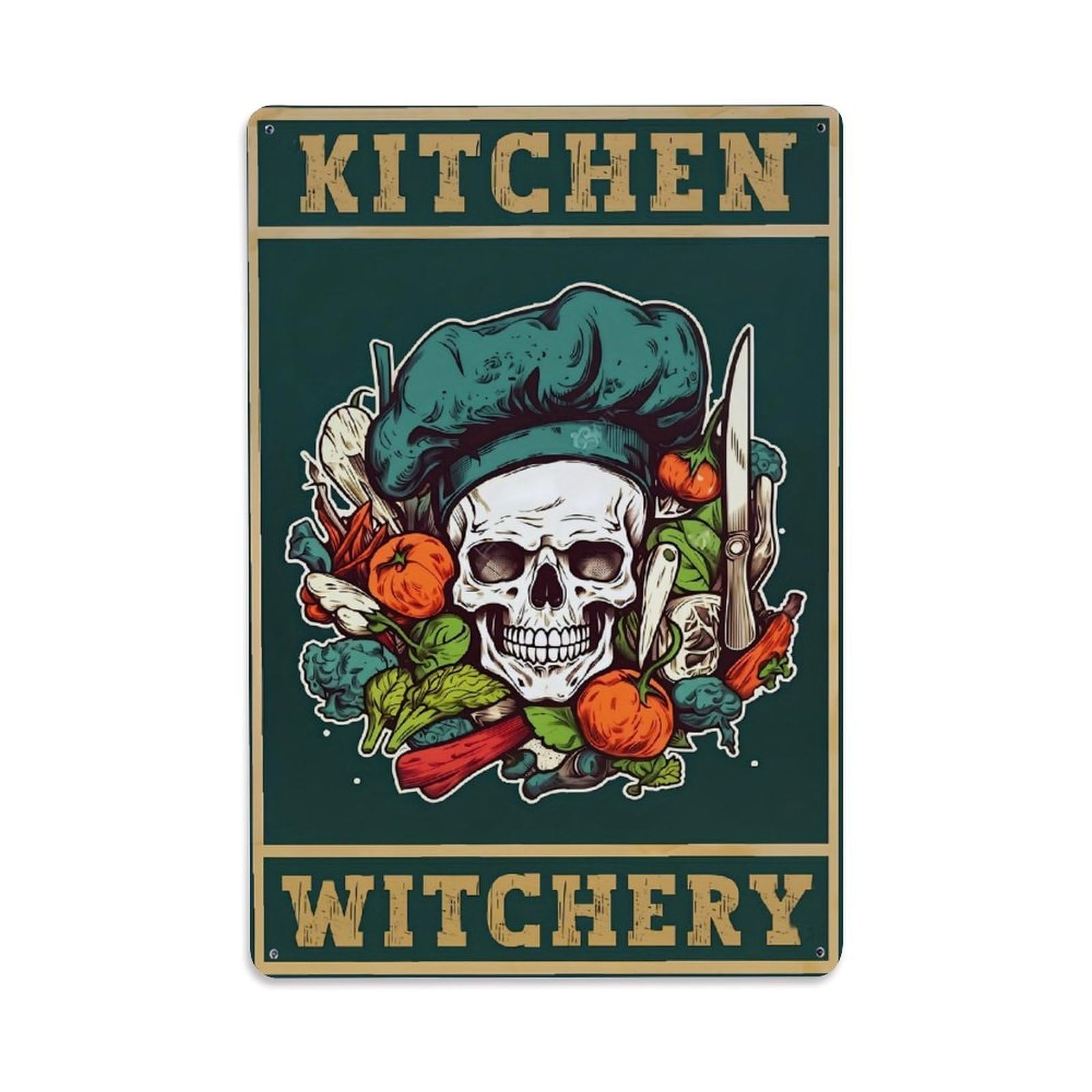 Nestemfo Vintage Skull Chef Hat Vegetables Knife Tin Sign Metal Sign, Living Room,Bar, Home, Bedroom Wall Decor,Retro Metal Poster 8X12 Inches