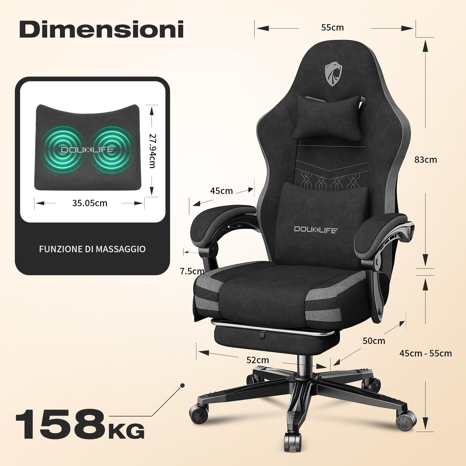 Douxlife Sedia Gaming Ergonomica, Sedia da Ufficio in Tessuto High-Tech,con cuscino primaverile, con Cuscino Lombare Massaggiante, Piedini metallici e Borsa Portaoggetti, Portata 158kg (Grigio)