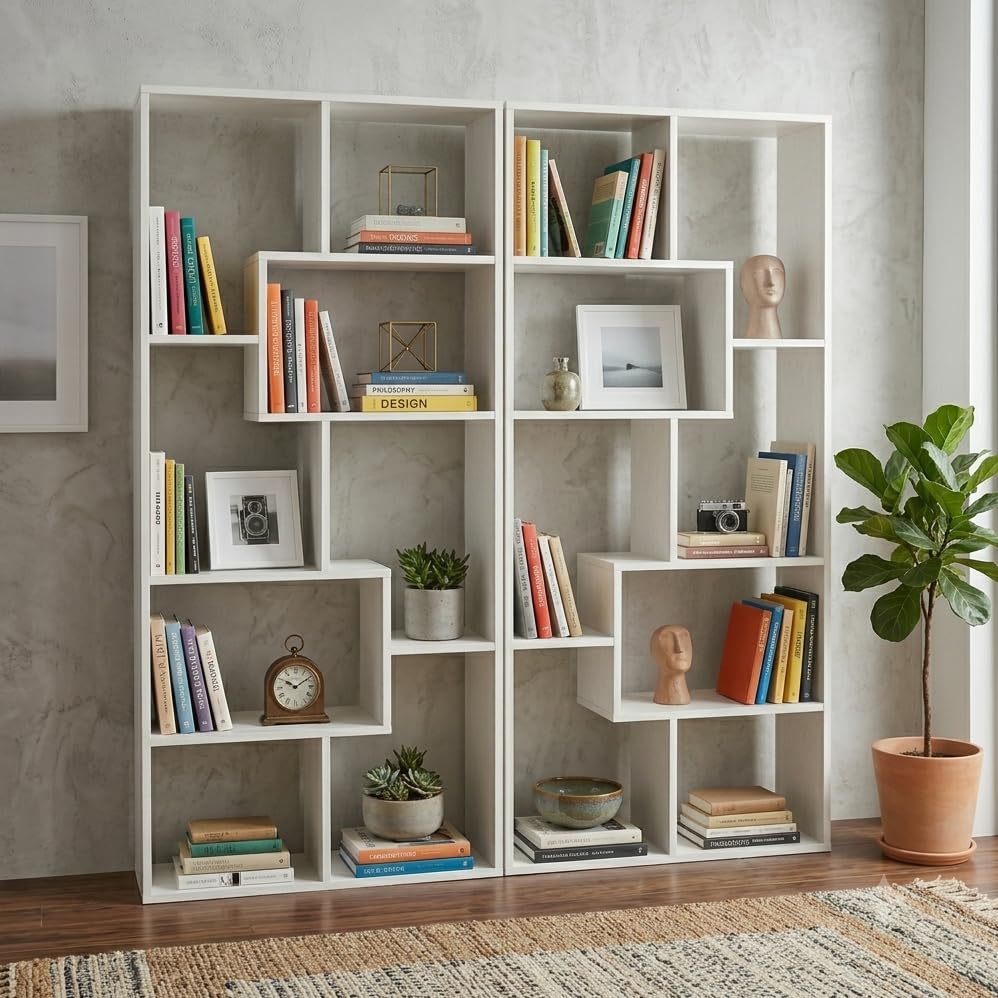 Image of FURNEASER Medina 8 Tier Wooden Bookshelf for Home & Office | Engineered Wood Bookcase Storage Rack & Display Shelf | Modern Multipurpose Open Shelves DIY | 159 cm Tall (Combo Set 2)