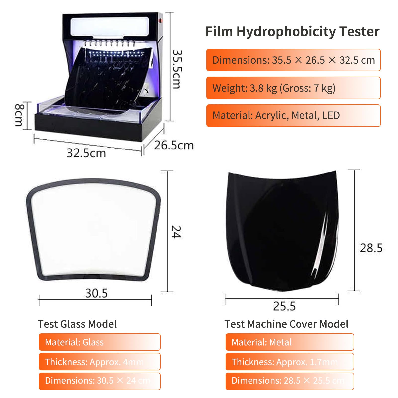 Kit di Test idrofobico per pellicole protettive PPF e Rivestimenti ceramici, Strumento dimostrativo visivo per la Formazione di Gocce d'Acqua con Luce LED, Flusso Regolabile White