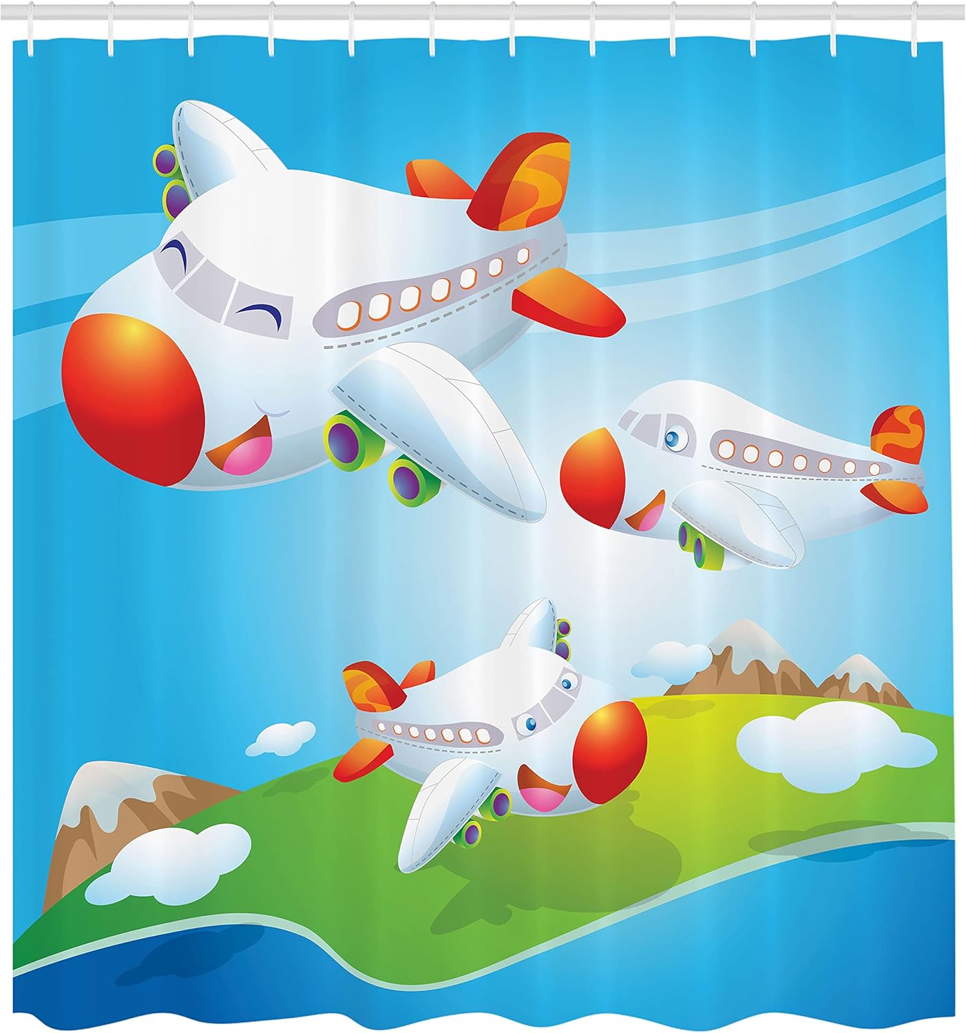 Ambesonne Airplane Shower Curtain, Colorful Look Funny Plane Fly in The Sky Over Mountains Happy Cheerful Smile Dreamy Clear Air, Cloth Fabric Bathroom Set with Hooks, 69" W x 75" L, Blue Vermilion