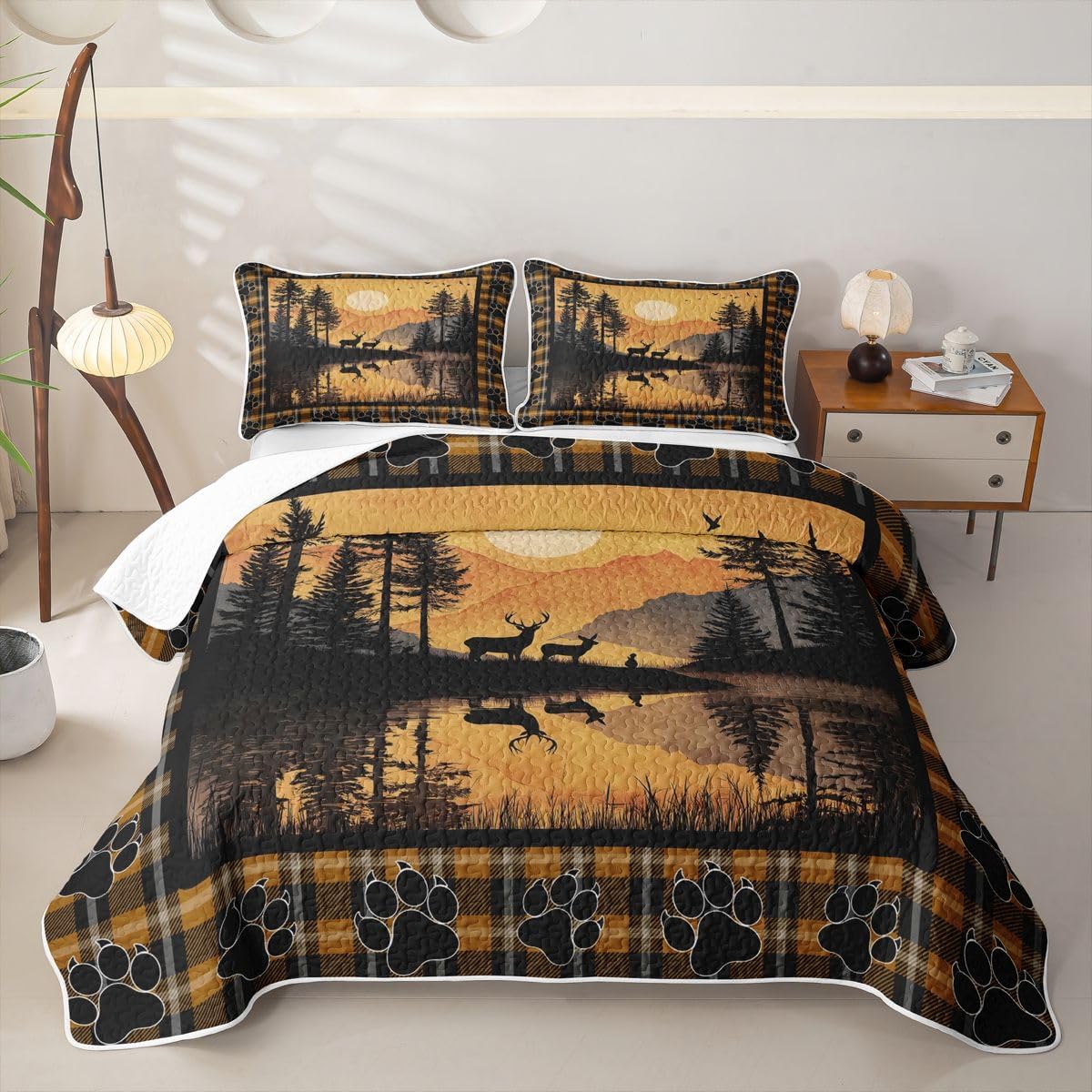 Feelyou Rustic Bear Quilt Set Queen Size Country Farmhouse Cabin Comforter Set for Kids Boys Girls Retro Woodland Mountain Pine Tree Bedspreads with 2 Pillowcases Bedding Lightweight