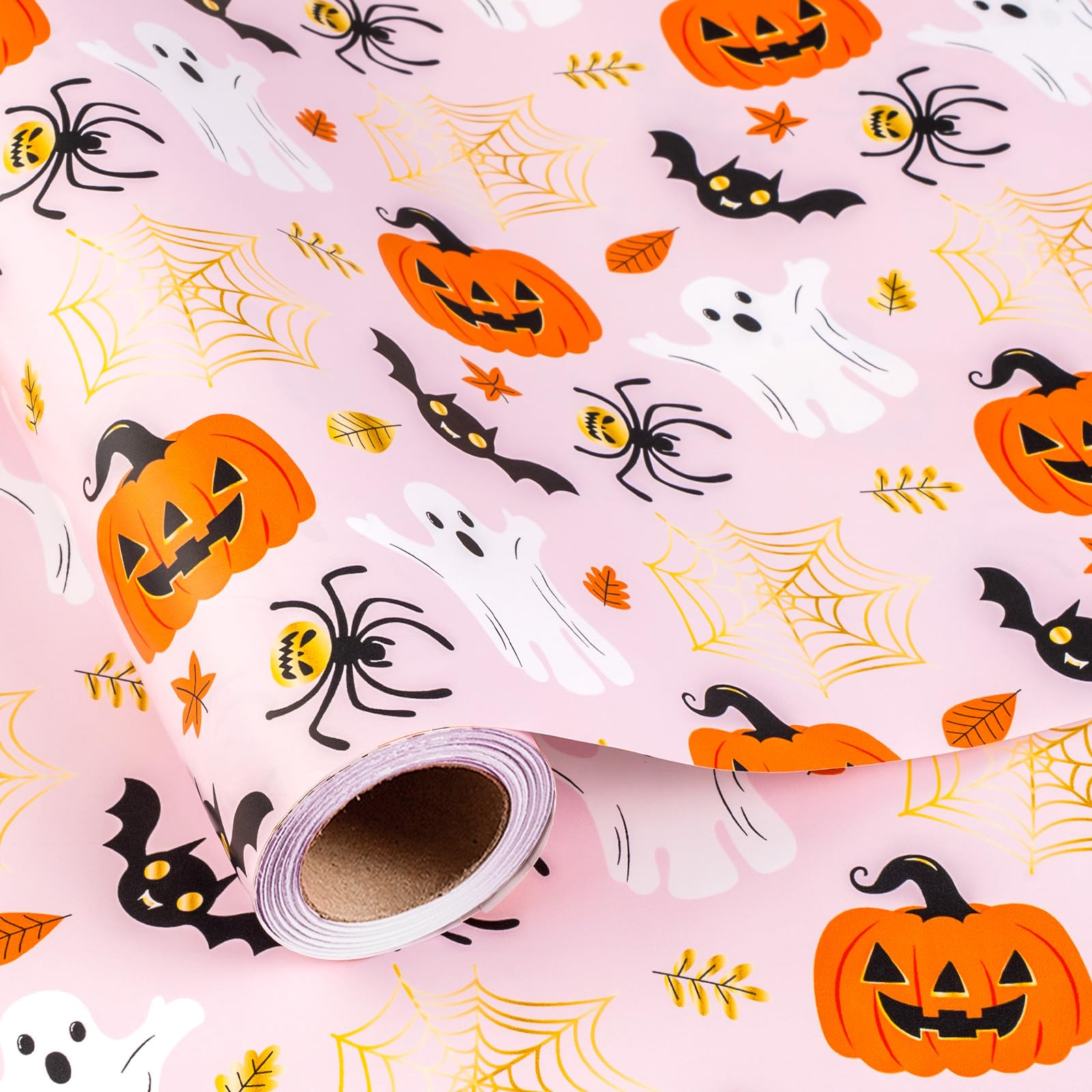Burymento Pink Halloween Wrapping Paper, Cute Ghost and Pumpkin Gift Wrap with Grid Lines, Aesthetic Pastel Spooky Wrapping Paper Roll for Birthday, Party Decor, DIY Craft (Mini Roll, 17 In x 16.5 Ft)