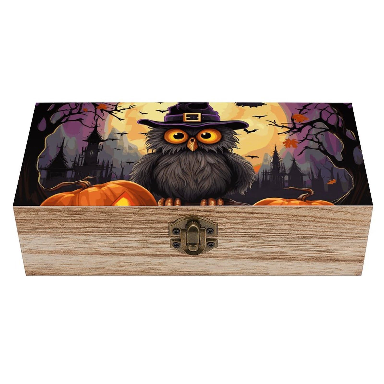 FekiLoot Halloween Owl Ghost Pumpkin Wooden Keepsake Box Decorative Wood Storage Organizer with Hinged Lid Large Handmade Boxes Wedding Memory Treasure Box for Jewelry Photos Stamps Crafts
