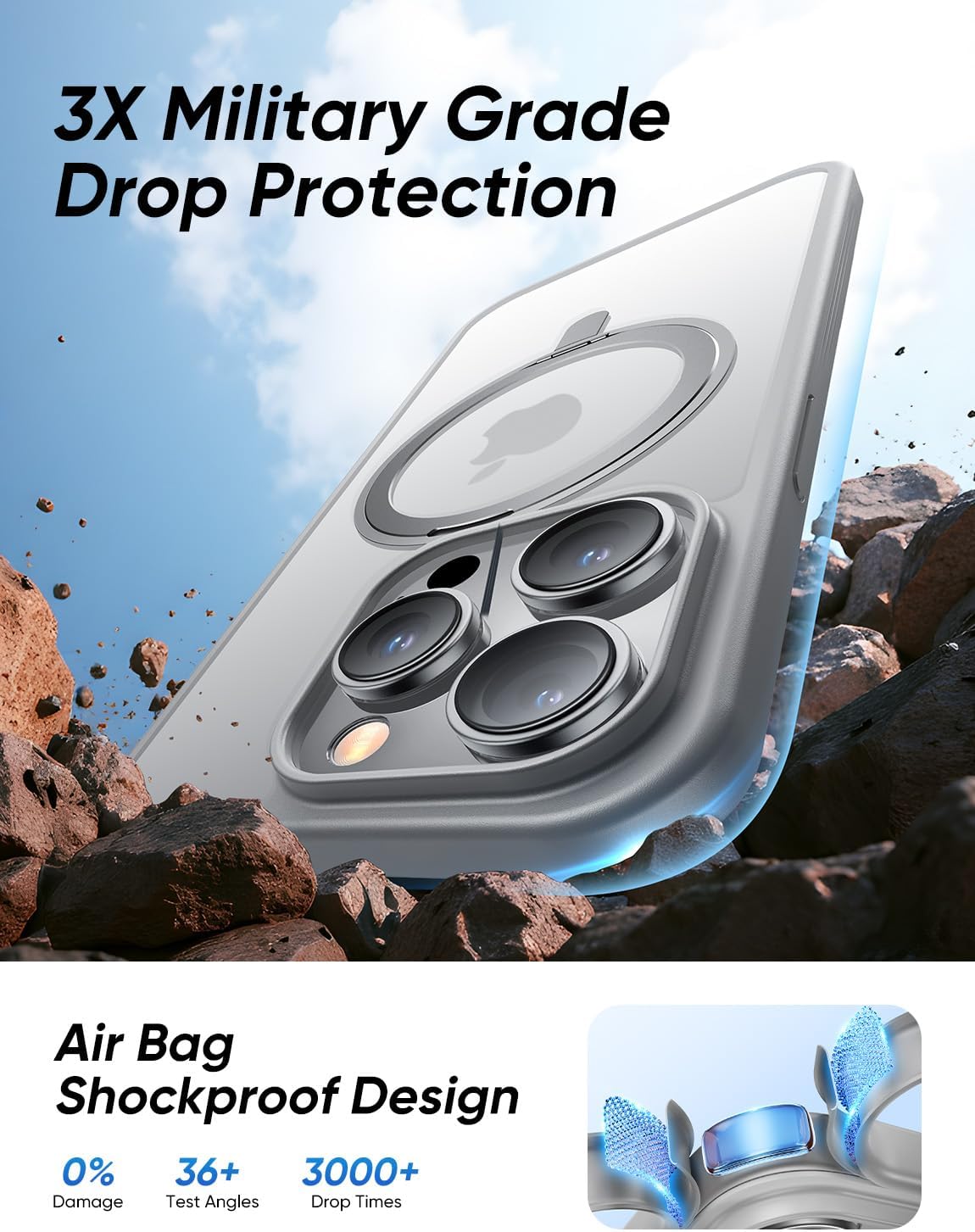 MAGIC JOHN 360° Rotatable Magnetic Invisible Stand for iPhone 15 Pro Max Case [Anti-Slip Grip] [Compatible with MagSafe] 16FT Shockproof for iPhone 15 Pro Max Case with Kickstand, Gray - Image 3