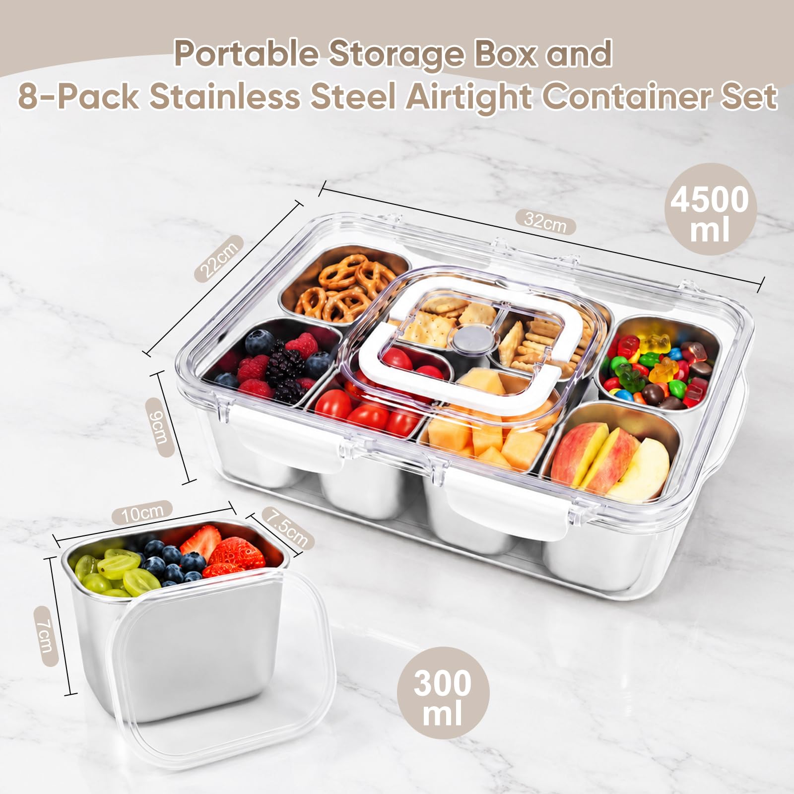 Lot de Snack Box avec 8 Pcs Boites Inox 300 ml | Boite Conservation Alimentaire de 4500ml avec Couvercle et Poignée, Senza BPA, Boîtes Alimentaires pour Meal Prep