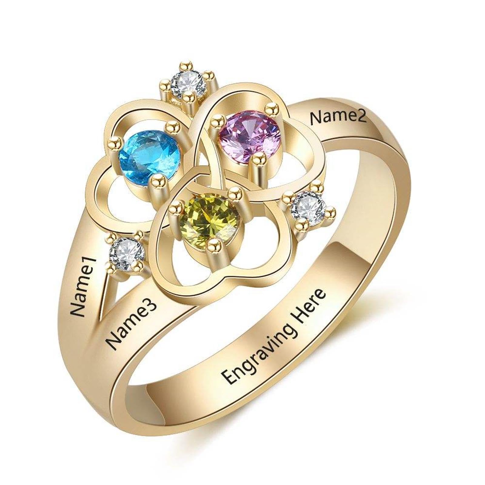 SOULMEET Personalisierter Familienring mit Geburtssteinen und drei Namen aus 9/14/18 Karat Massivgold Mutterring zum Jahrestag Muttertag Geschenk für Frauen Mutter Ehefrau Oma Größe 4–14(15-23mm)