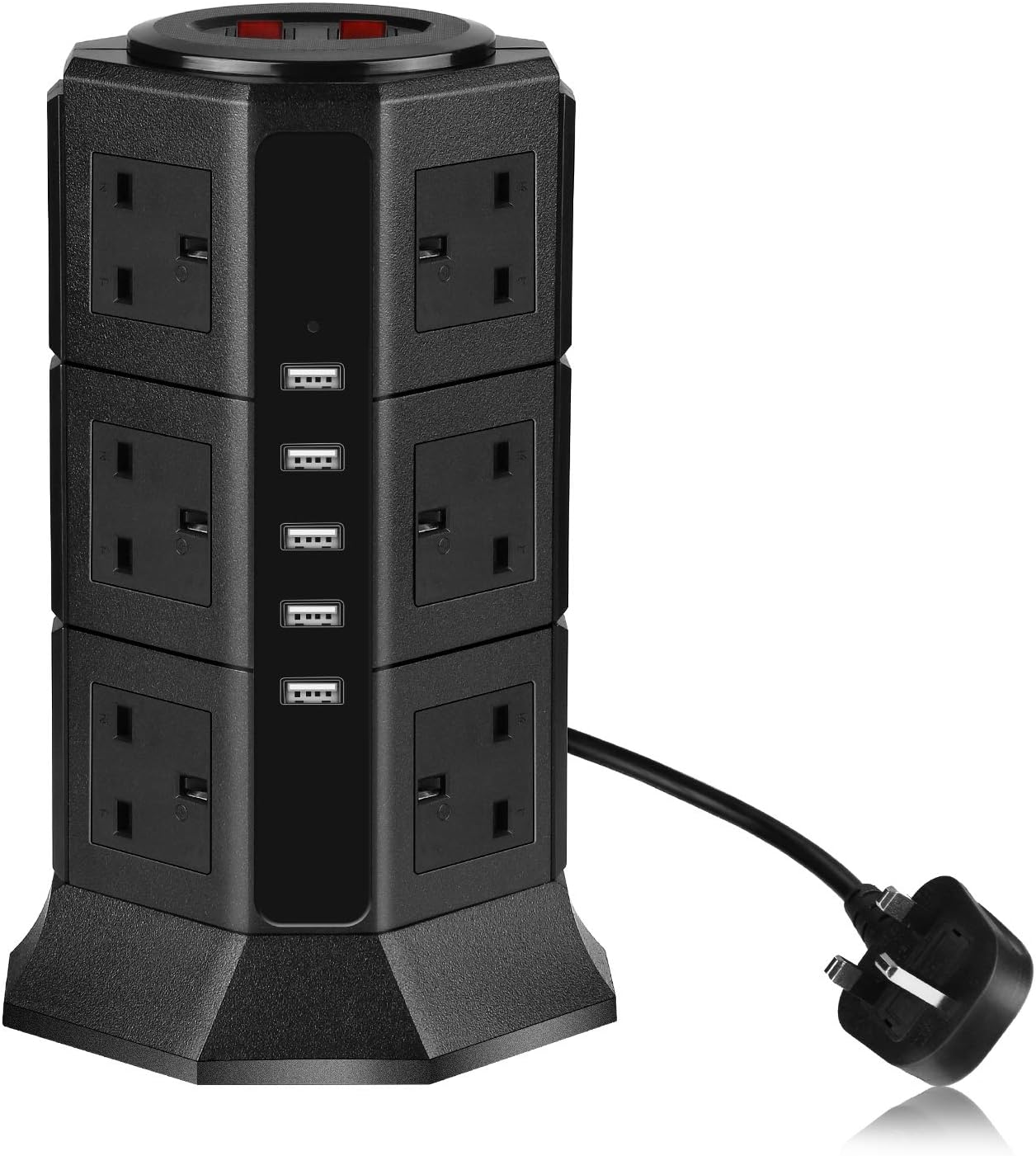Extension Lead PRITEK 12 Way Outlets 1000J Surge Protector Vertical Power Strip with 5 USB Charging Ports 10A/2500W Overload Protection Extension Socket with 6.5ft Extension Cord (Black)