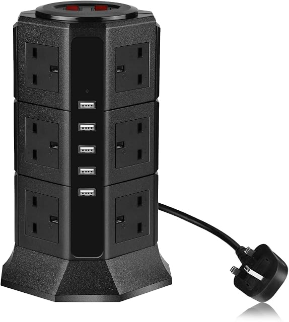 Extension Lead PRITEK 12 Way Outlets 1000J Surge Protector Vertical Power Strip with 5 USB Charging Ports (5V/4.5A) Overload Protection Extension Socket with 6.5ft Extension Cord (Black)