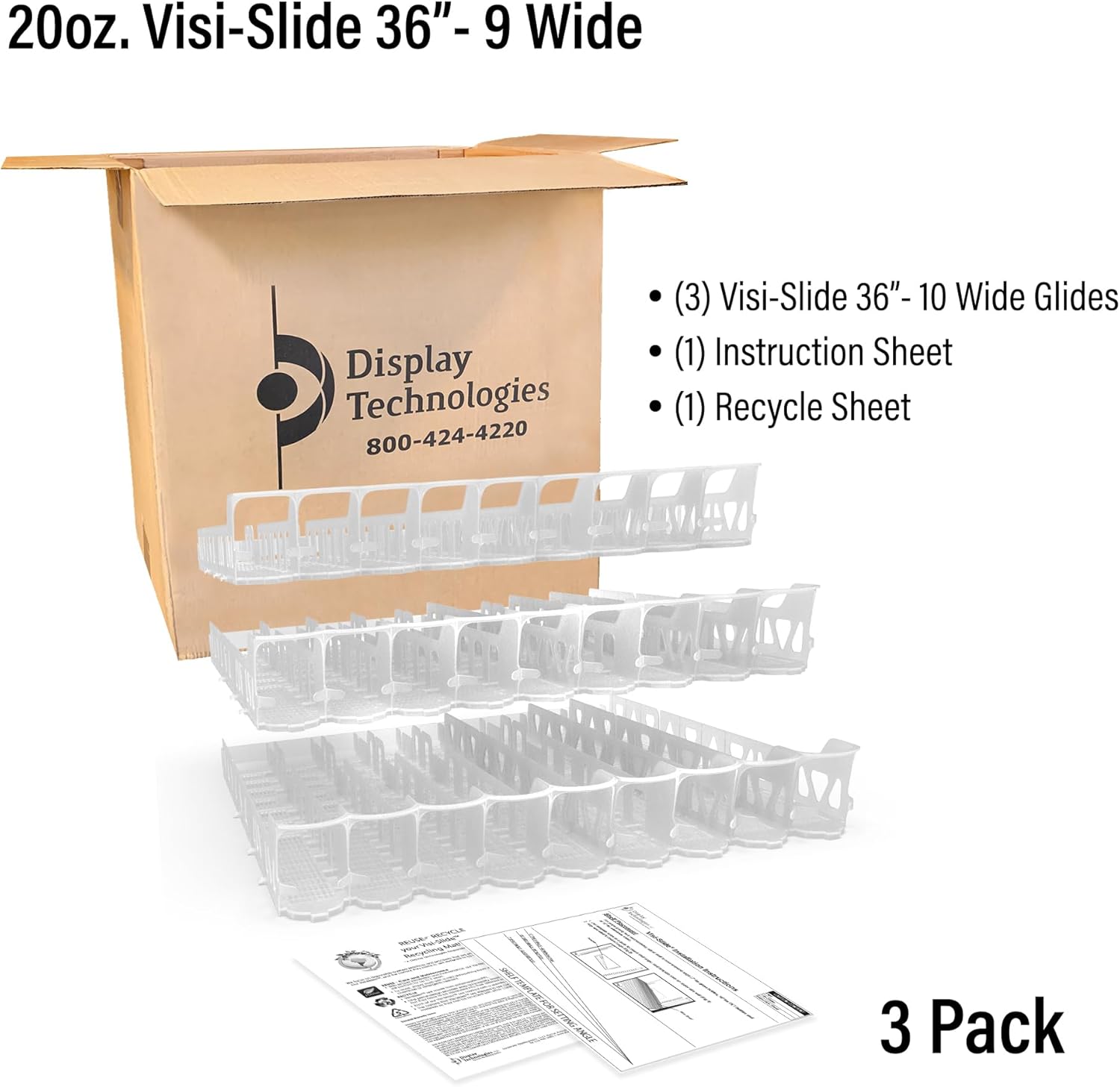 Display Technologies Visi-Slide Gravity-Fed Beverage Glide for Angled Shelves (Pack of 3)- Effortless Beverage Organization for 20/25oz - 9-wide, 36"D